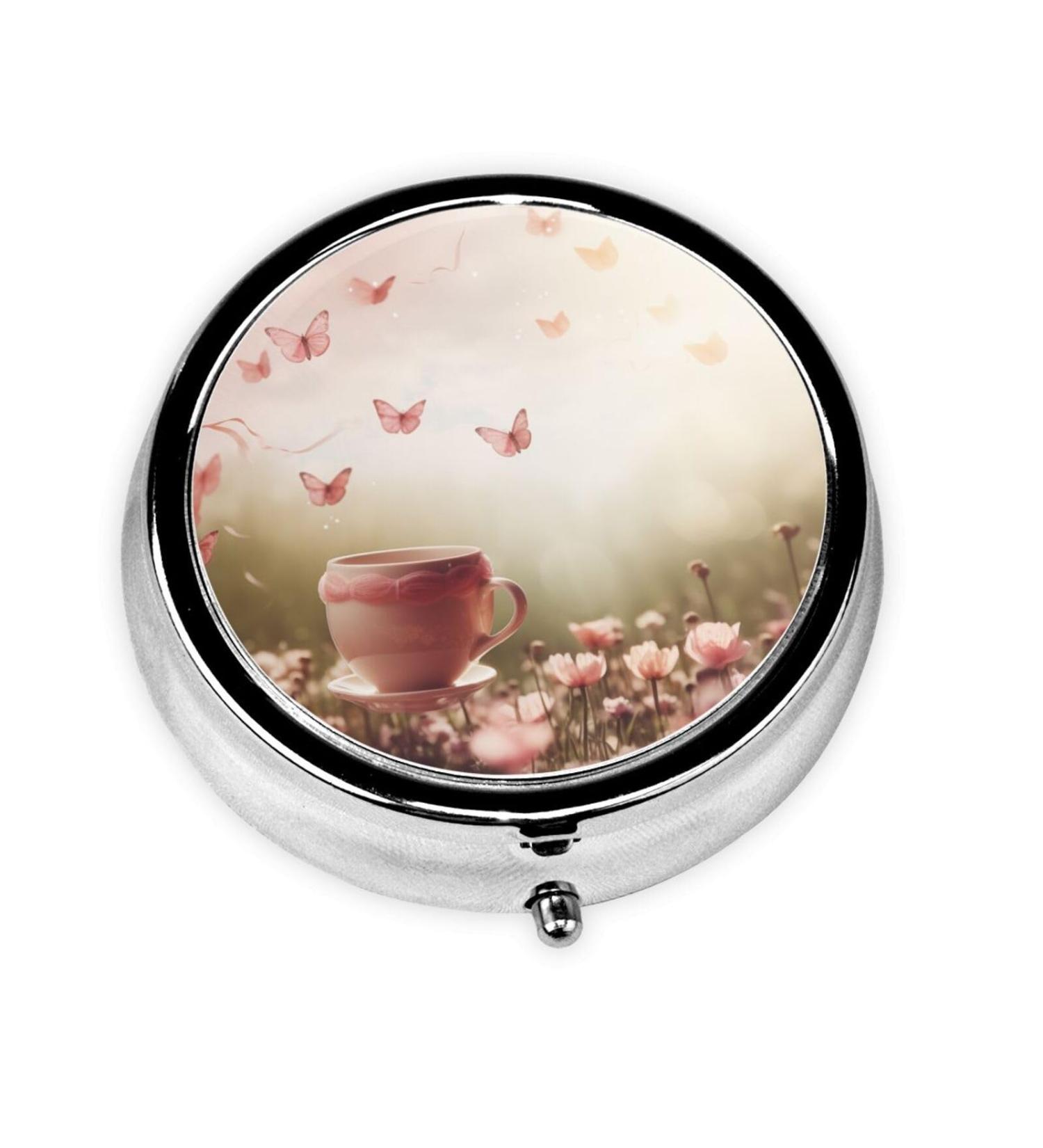 Buy Pink Butterfly Portable Metal Pill Box Round Mini 3-Compartment Travel Case with Hinged Fastening Design - Buy Online on GoSupps.com