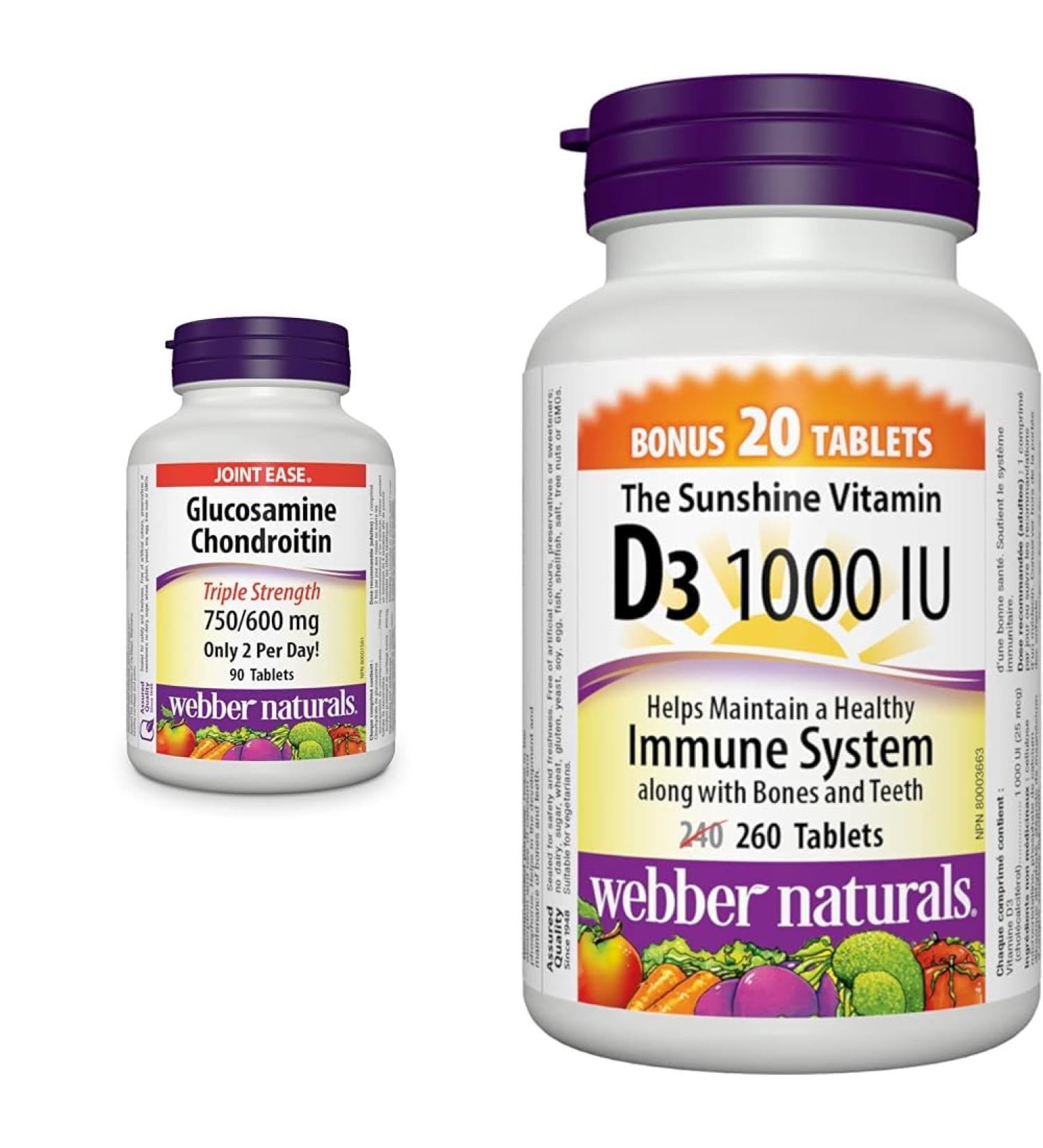 Webber Naturals Glucosamine Chondroitin Triple Strength 90 Tablets & Vitamin D3 1000 IU 260 Tablets For Healthy Bones Teeth and the Maintenance of Good Health - Buy Online on GoSupps.com