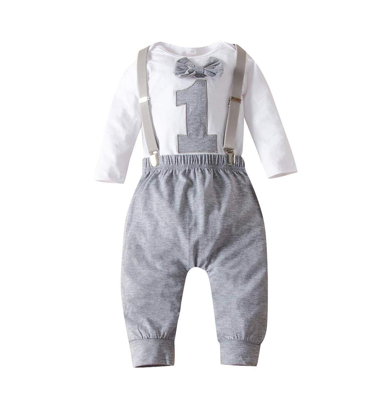 Haokaini Baby Boy 1st Birthday Bow Tie Romper Cake Smash Outfit Grey 9-12 Months - Buy Online on GoSupps.com