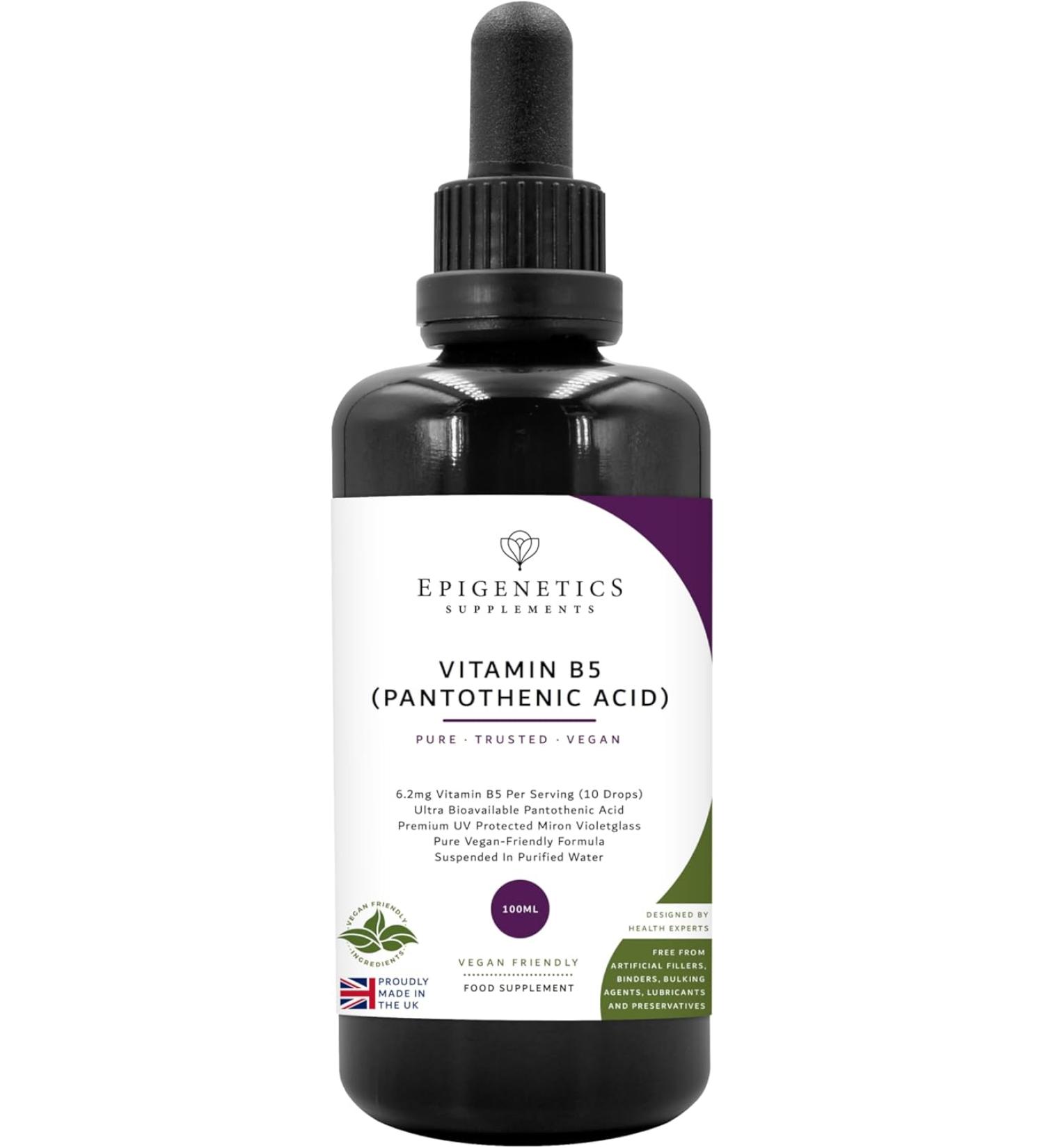 Vitamin B5 Pantothenic Acid 100ml | 100% Pure Pantothemic Acid 6.2mg | UK Made Vegan Liquid | UV Protected Miron Glass | 10 Drops Daily (4 Month Supply) - Buy Online on GoSupps.com