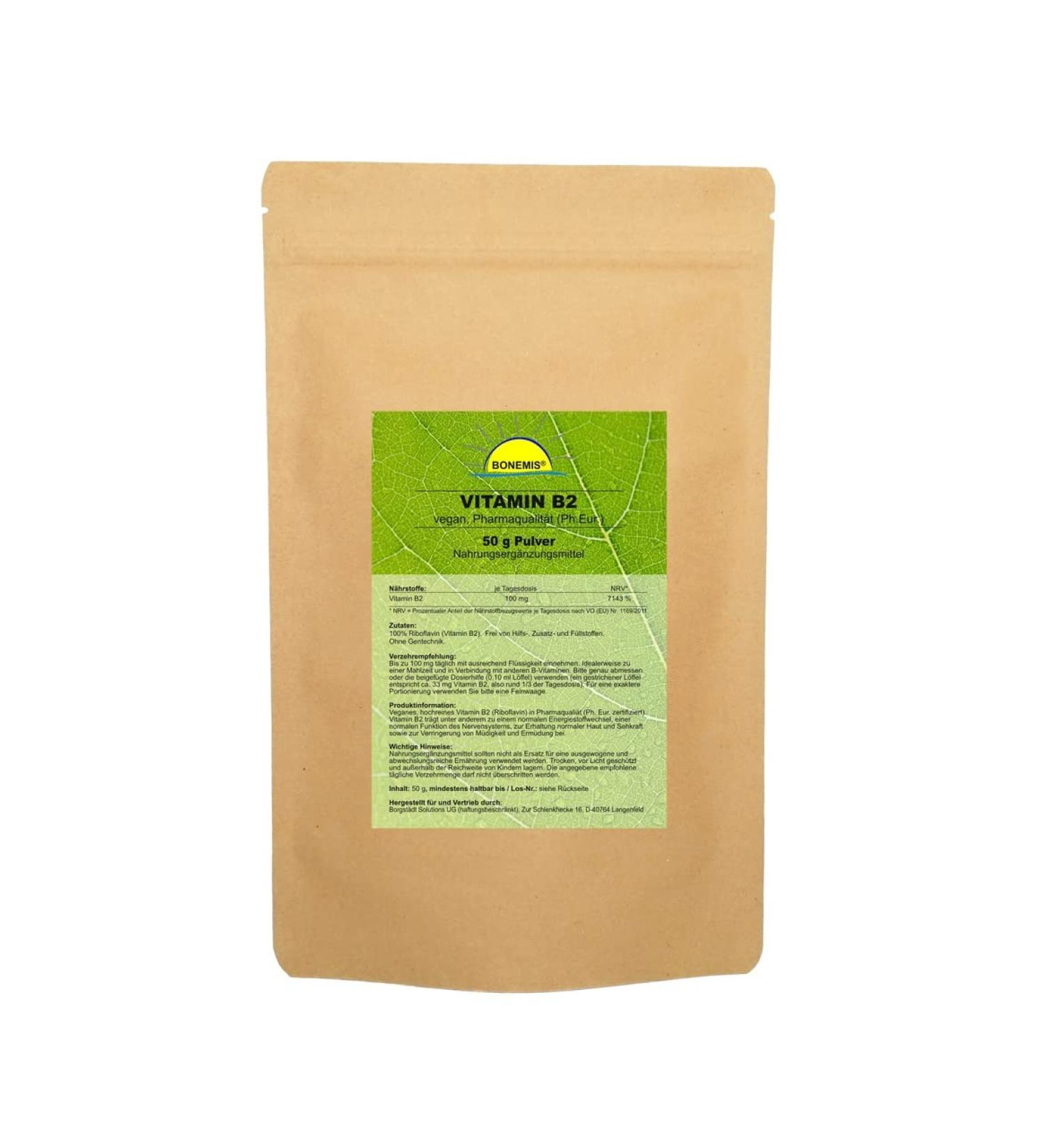 Vitamin B2 (riboflavin) powder pharmaceutical quality (Ph. EUR.) Without additives vegan 50 g powder without additives in environmentally friendly bags from Kraft paper Bonemis