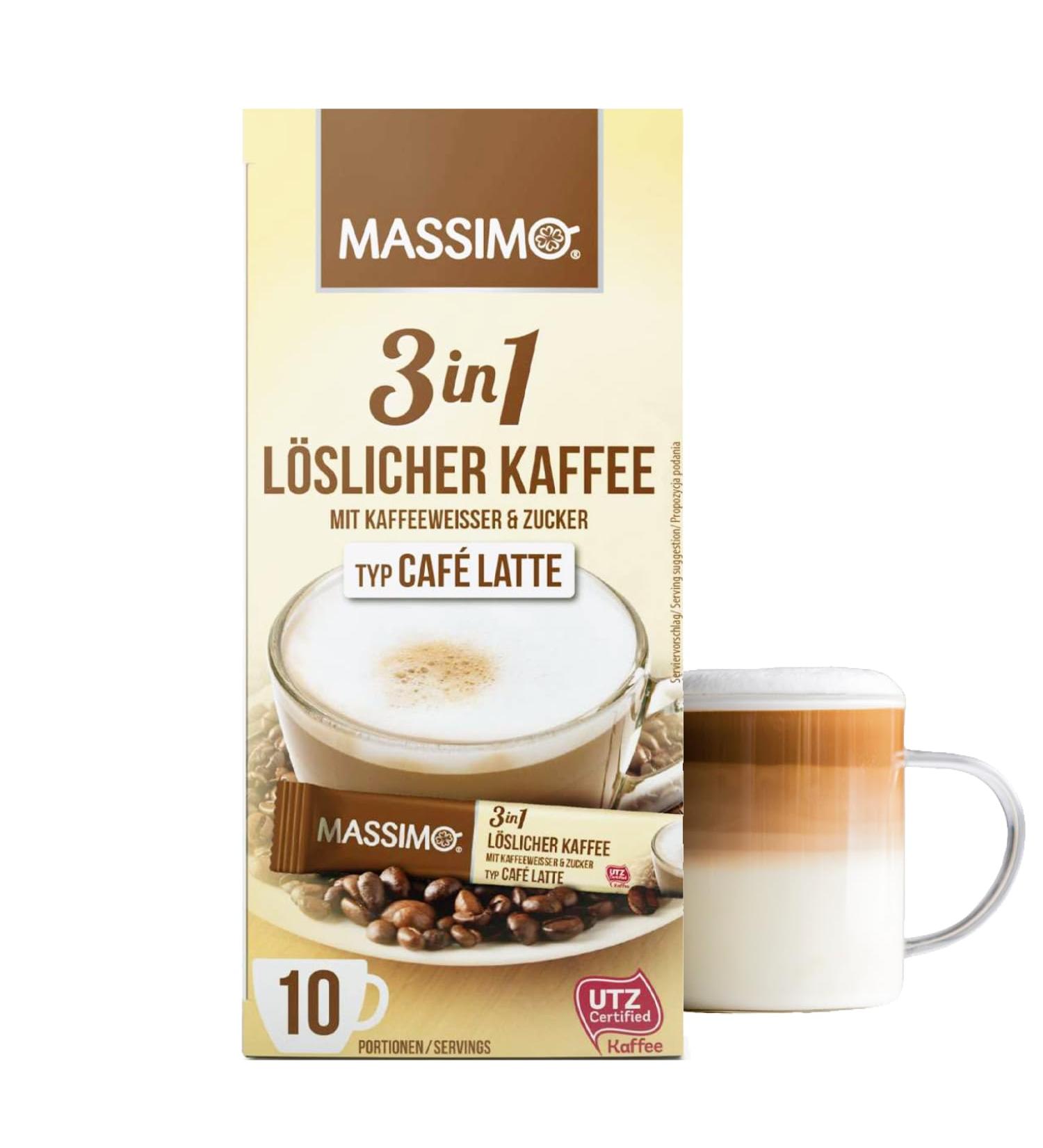 Massimo 3 in 1 Caf Latte 160 instant coffee sticks of 12.5 g soluble coffee powder beverage powder with soluble coffee sugar and coffee white - Buy Online on GoSupps.com