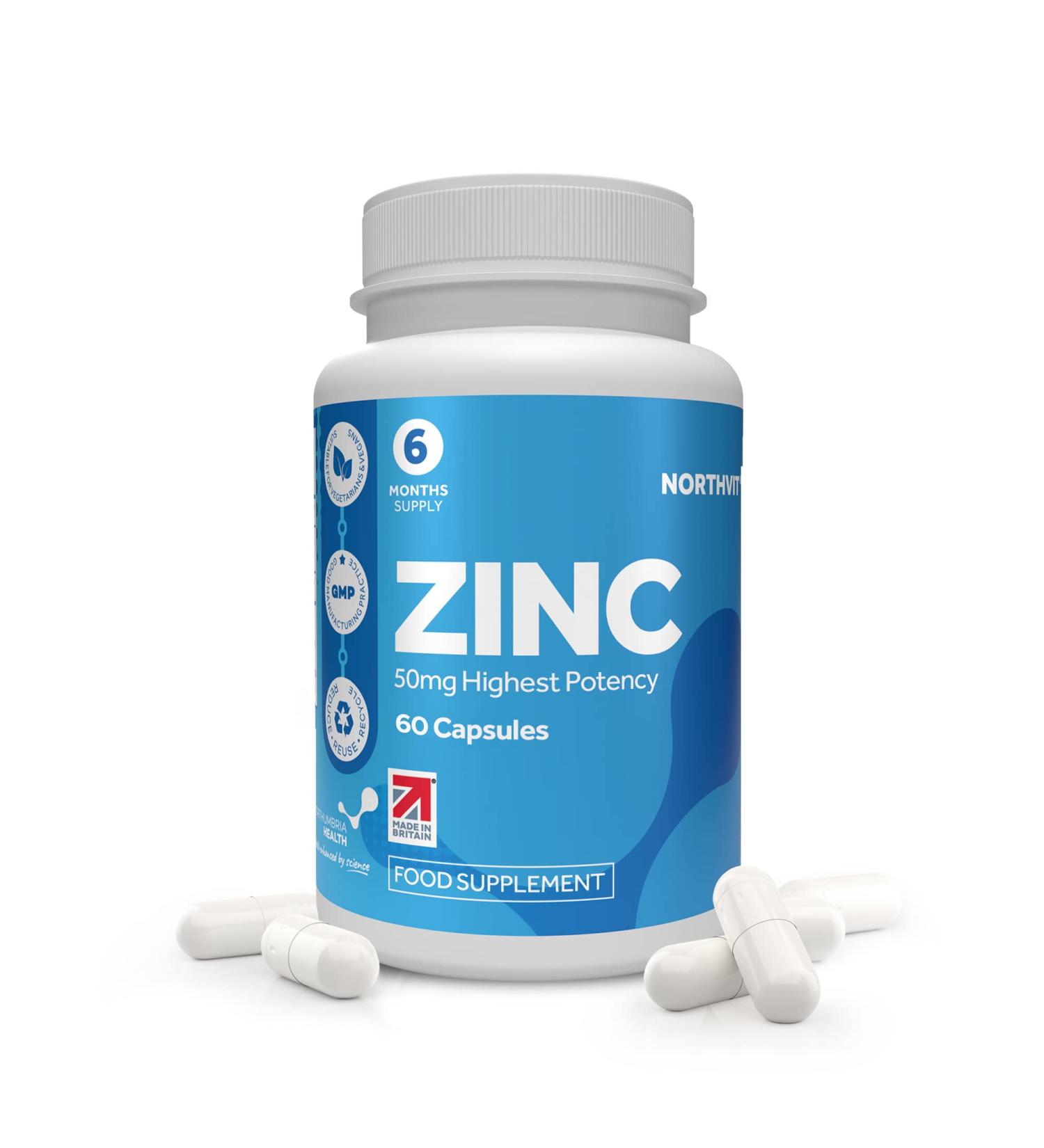 Zinc 50mg Capsules - 60 Vegan Capsules - Immune Support & Healthy Function - Made in UK by Northumbria Health - 2 Month Supply - Buy Online on GoSupps.com