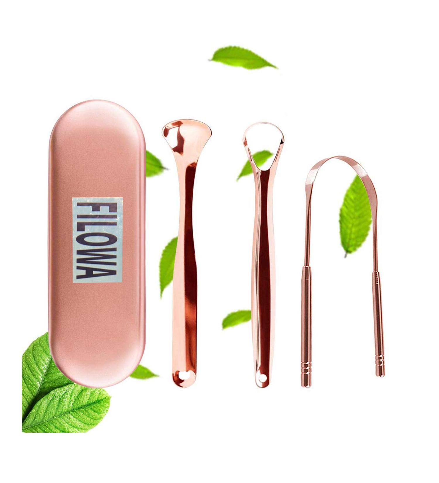 Filowa Stainless Steel Tongue Cleaner Set - 3 Rustproof Tongue Scrapers & Carrying Bag | Effective Bad Breath Solution for Adults & Children - Elegant Rose Gold Finish - Buy Online on GoSupps.com