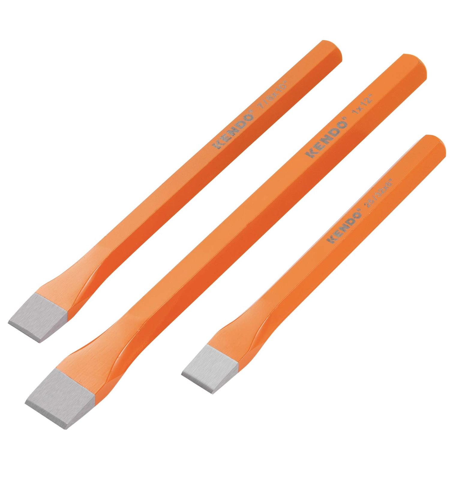 KENDO 3-Pieces Heavy Duty All Purpose Cold Chisel Set - Industrial Grade Octagonal Steel Hand Tools For Carpentry  Metalwork  Woodwork & Masonry - Sizes 8"  10"  12" - Roll Up Storage Pouch Included - Buy Online on GoSupps.com