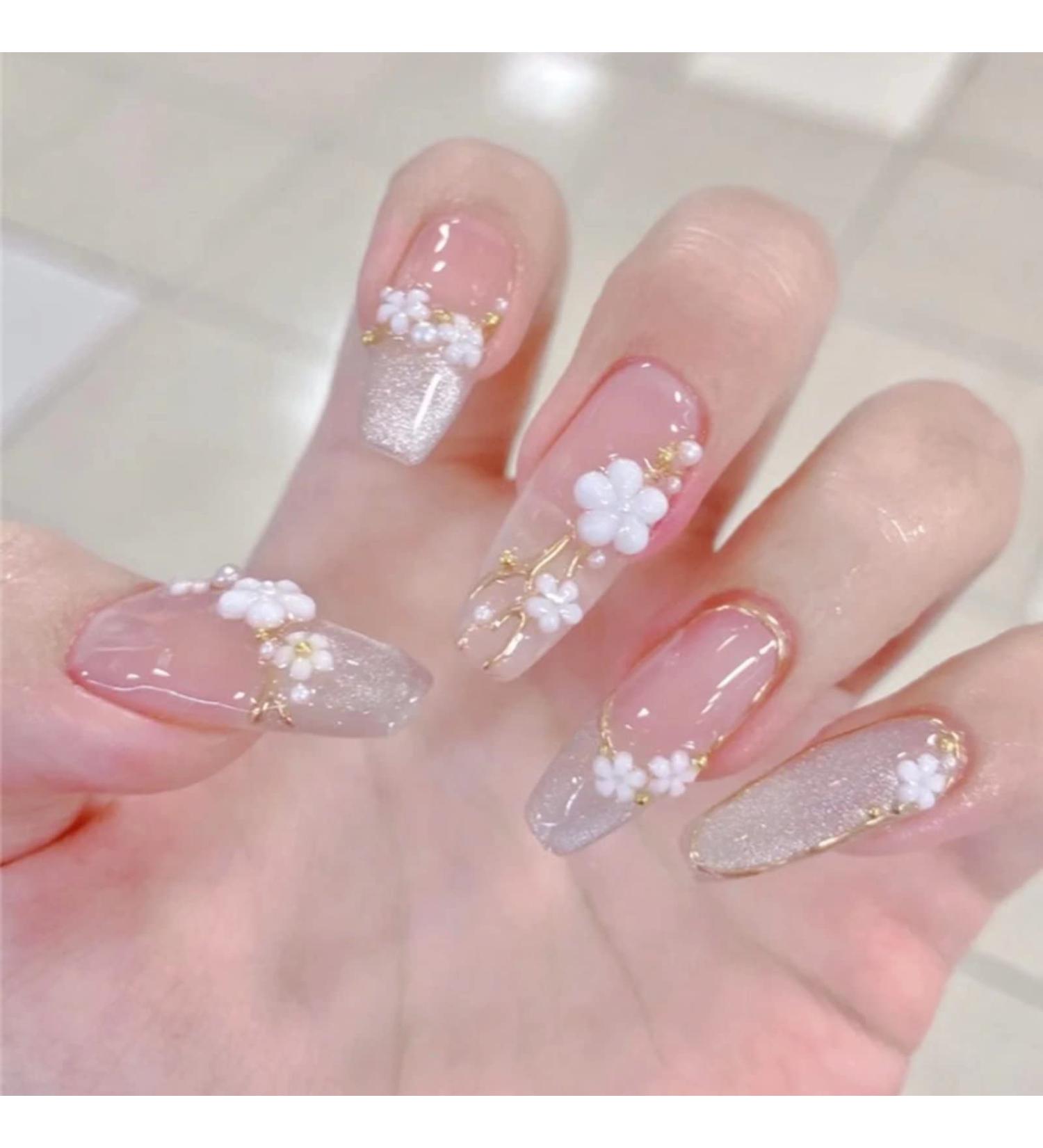 Golden Sequins Flower Press-on Nails for Women - Spring/Summer Nail Art DIY Kit - Buy Online on GoSupps.com