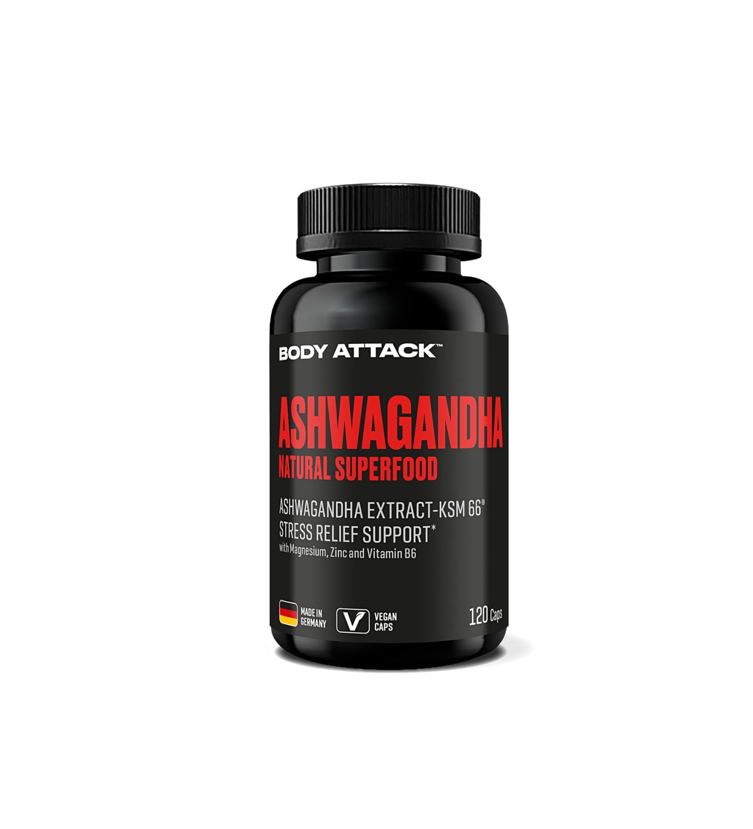 Body Attack Ashwagandha KSM-66 Capsules - 120 High Dose Indian Sleepberry for Stress Relief Regeneration & Optimized Metabolism - Premium Quality Made in Germany - Buy Online on GoSupps.com