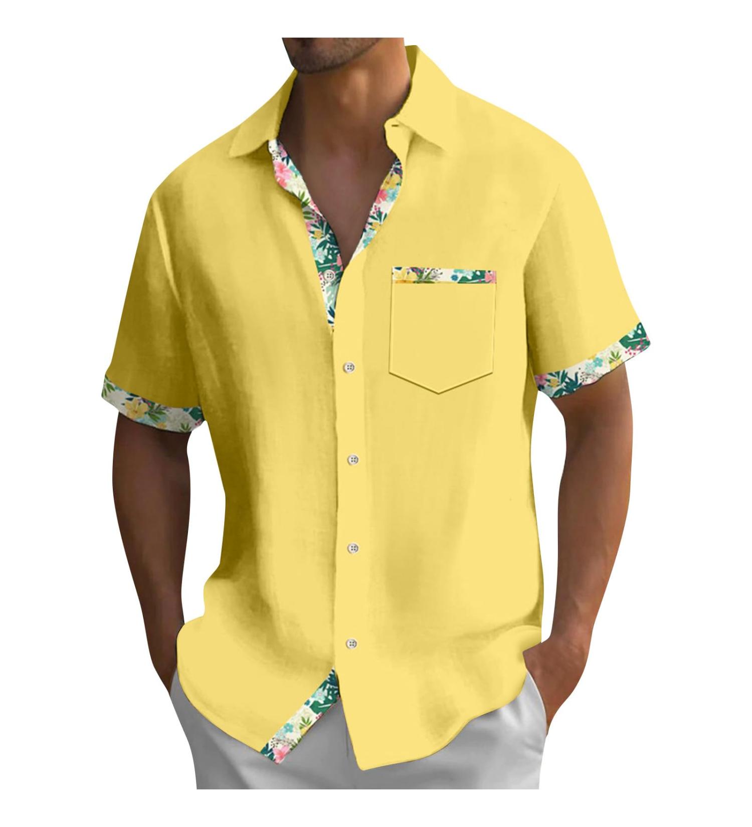 Rosennie Hawaii Shirt Men - Vintage Tropical Flowers Patchwork Cuba Shirt with Pocket | Loose Beach Shirt for Summer Vacation - Yellow - Buy Online on GoSupps.com