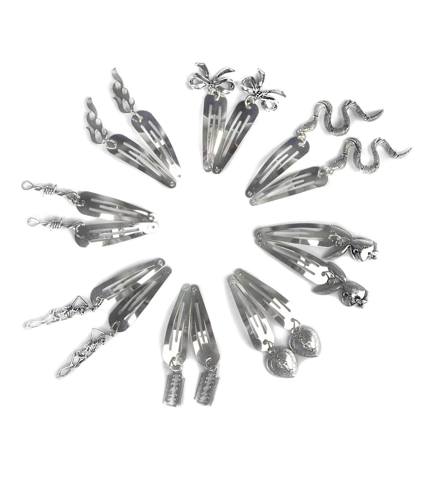 Y2K Snap Clip Set - 8 Pairs Silver Tone Metal Vintage Charms Hip Hop Jewelry Hair Accessories | 90s Style Aesthetic Gifts for Women & Girls - Buy Online on GoSupps.com