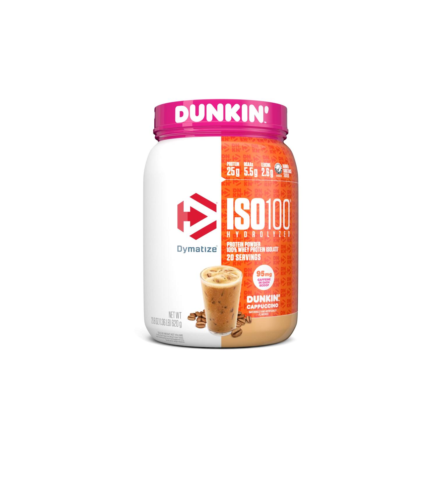 Dymatize ISO100 Dunkin' Cappuccino Whey Isolate Protein Powder - 25g Protein, 95mg Caffeine, 5.5g BCAAs - Gluten Free, Fast Absorbing - 21.5 Oz (20 Servings) - Buy Online on GoSupps.com