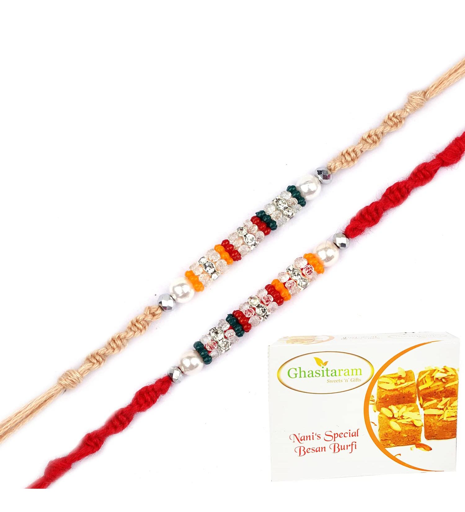 Ghasitaram Gifts Rakhi for Brother Rakhis Online - Set of 2-Nbh240 Rakhis with 400 GMS of Besan Barfi Rakhi Set with 400 gms of Besan Barfi - Buy Online on GoSupps.com