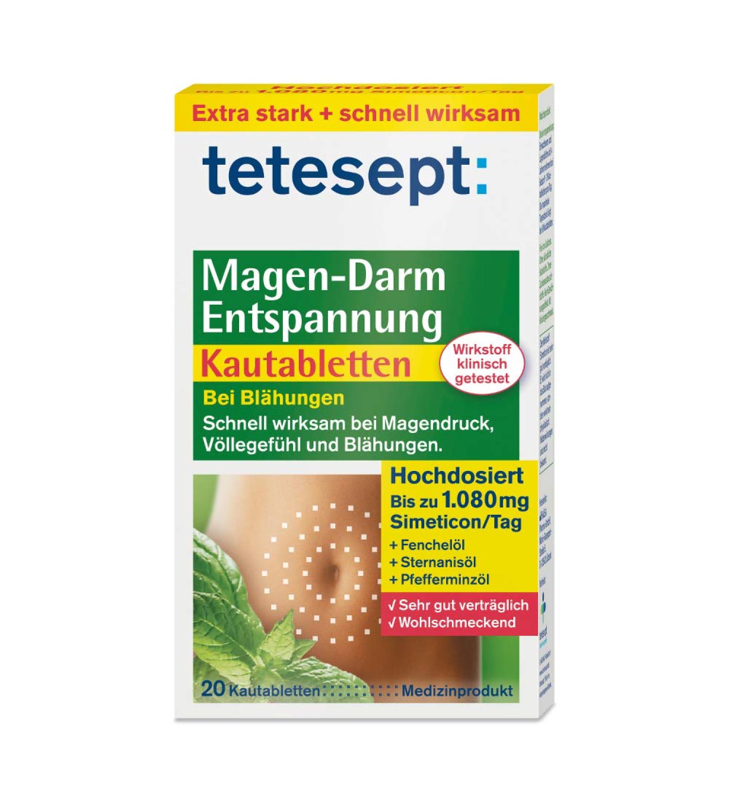 Teteseept Gastrointestinal Relaxation Chewing Tablets - Herbal Flavor for Flatulence & Stomach Pressure Relief - High-Dose Simeticon - 20 Pieces Pack - Buy Online on GoSupps.com