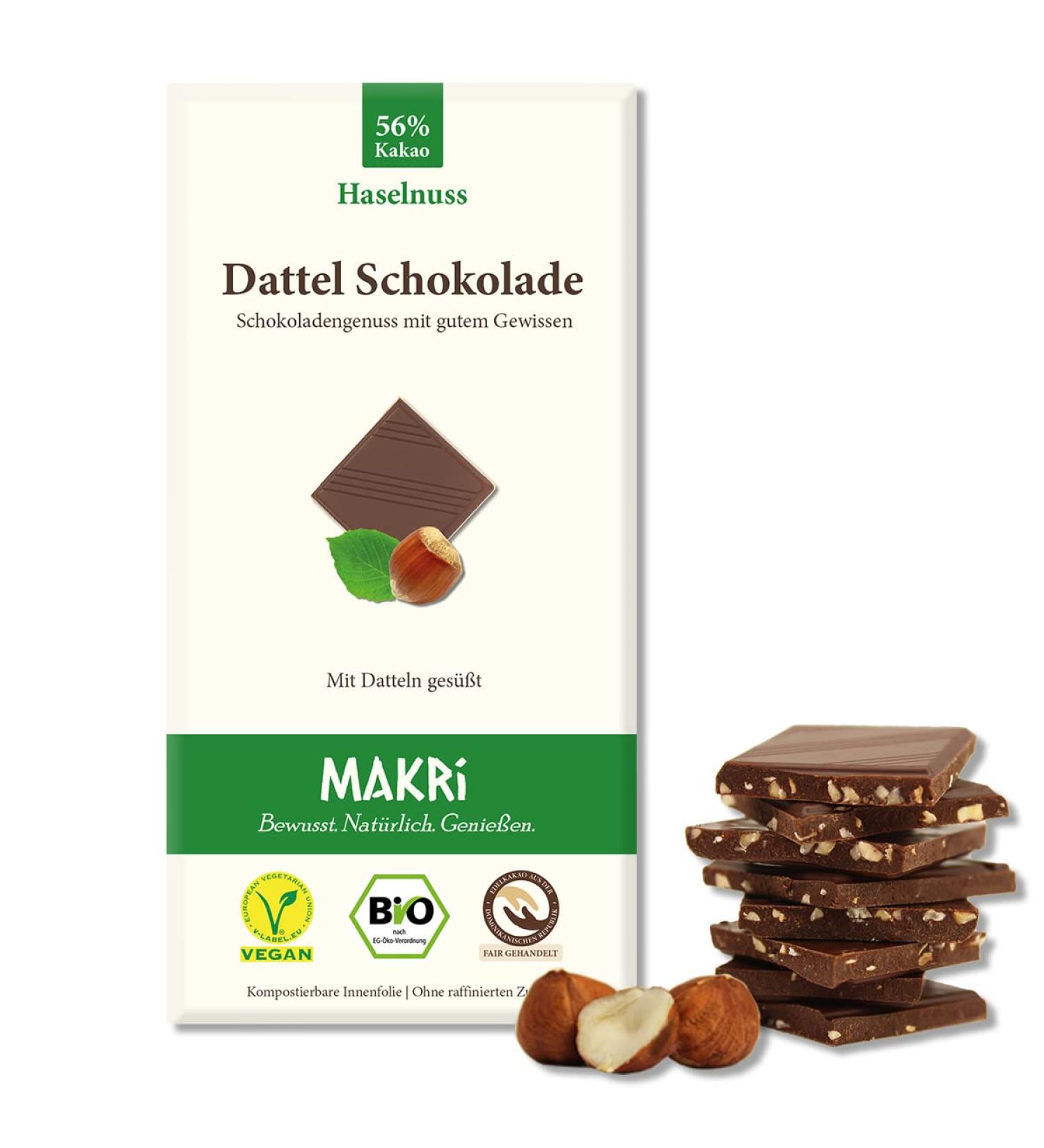 Buy Makri Bio Dattel Chocolate - Vegan Fair Trade No Refined Sugar Hazelnut 56% (1 Pack) - International Shipping Available - Buy Online on GoSupps.com