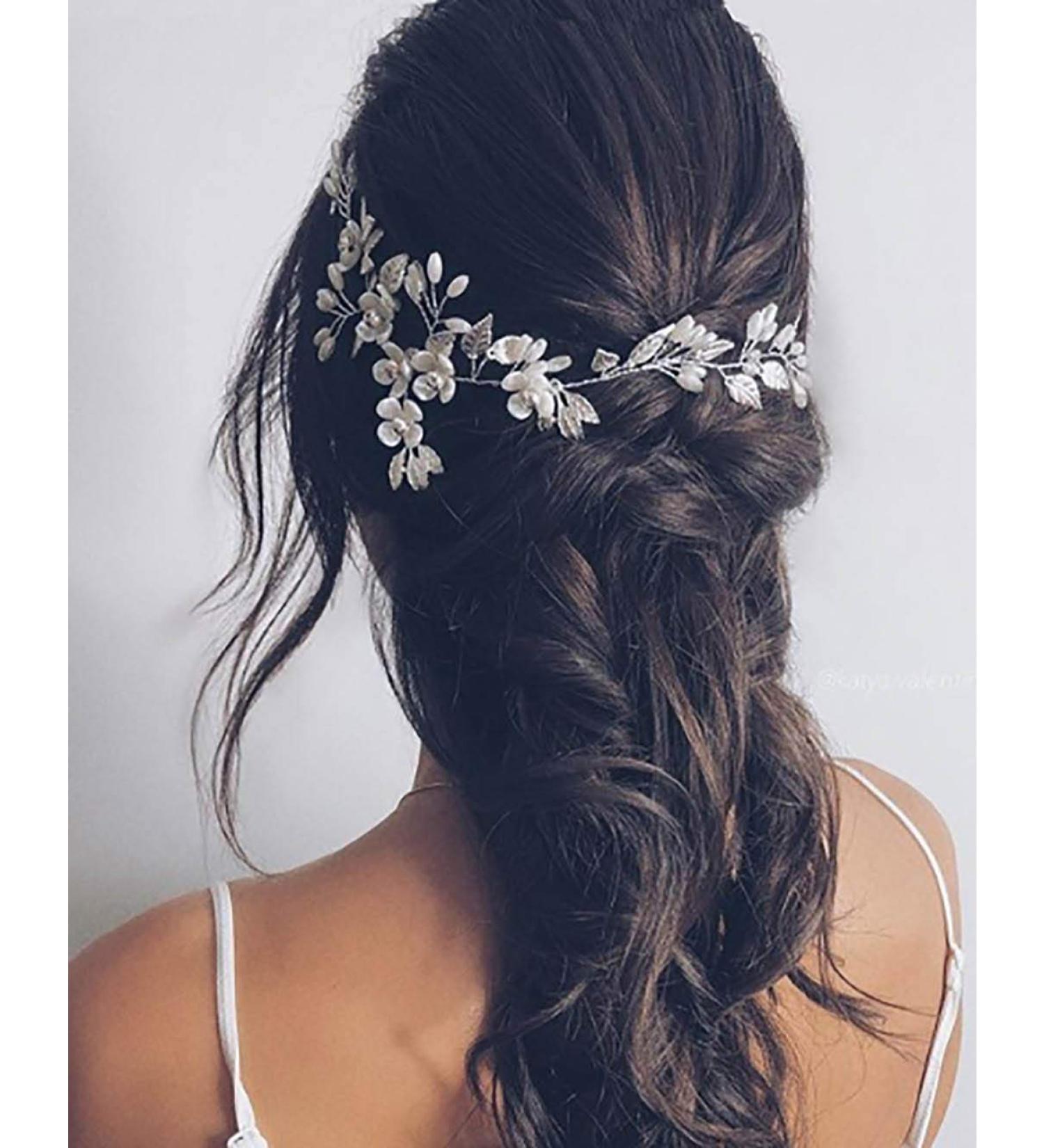 Unicra Bride Wedding Hair Vine Silver Floral Headpiece Pearl Bridal Headband Leaf Hair Accessories for Women and Girls - Buy Online on GoSupps.com