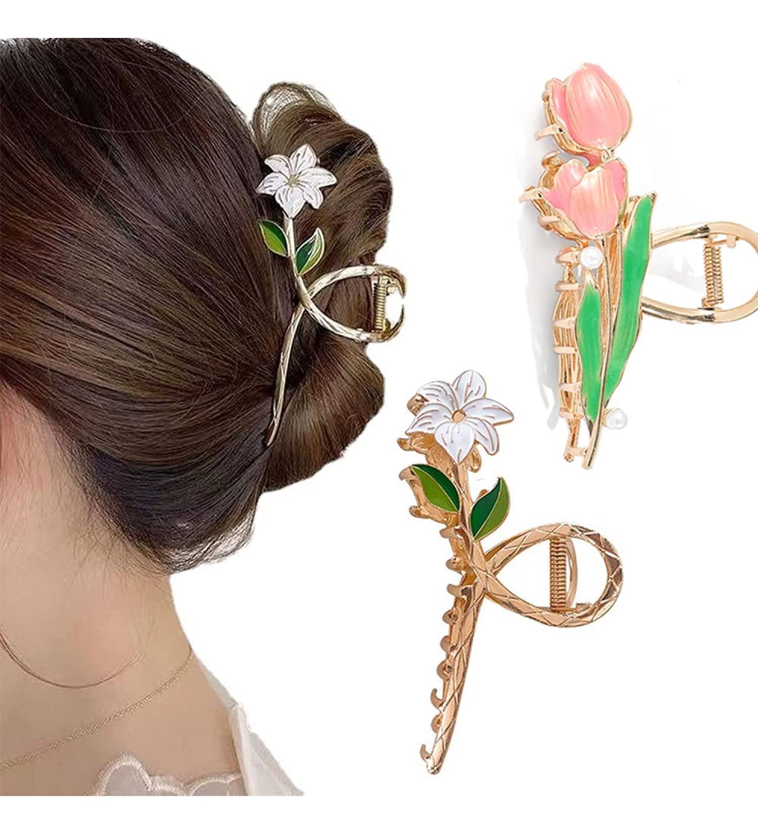 AUONY Large Metal Tulip & Lily Hair Clips for Thick Hair - 2 PCS | Flower Hair Claw Clips for Women with Nonslip Grip | Ideal for Thicken, Curly, Straight, and Long Hair - Buy Online on GoSupps.com