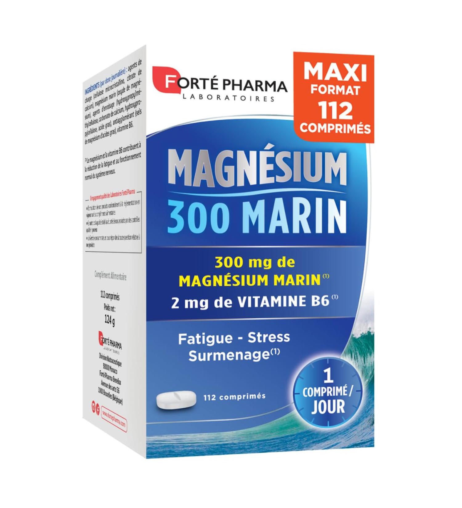 Fort Pharma - Marine Magnesium 300 | 300mg Marine Magnesium - Stress Fatigue Anxiety Overwork Irritability - Vitamin B6 | Maxi format 4x4 weeks 112 tablets 1/day - Buy Online on GoSupps.com