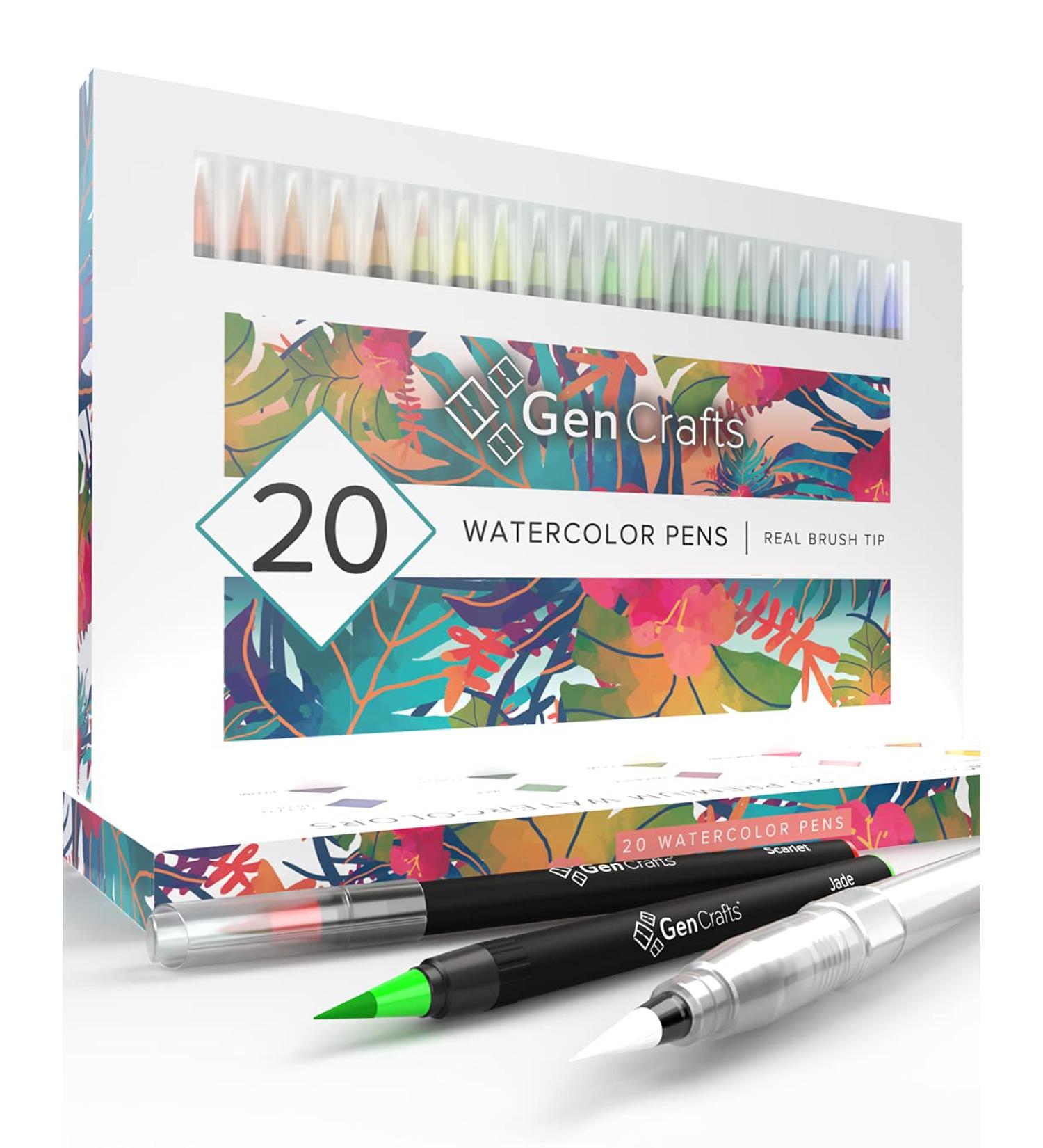 GenCrafts Watercolor Brush Pens Set - 20 Premium Colors with Real Brush Tips in No Mess Case - Washable & Non-toxic - Portable Painting Kit - Buy Online on GoSupps.com