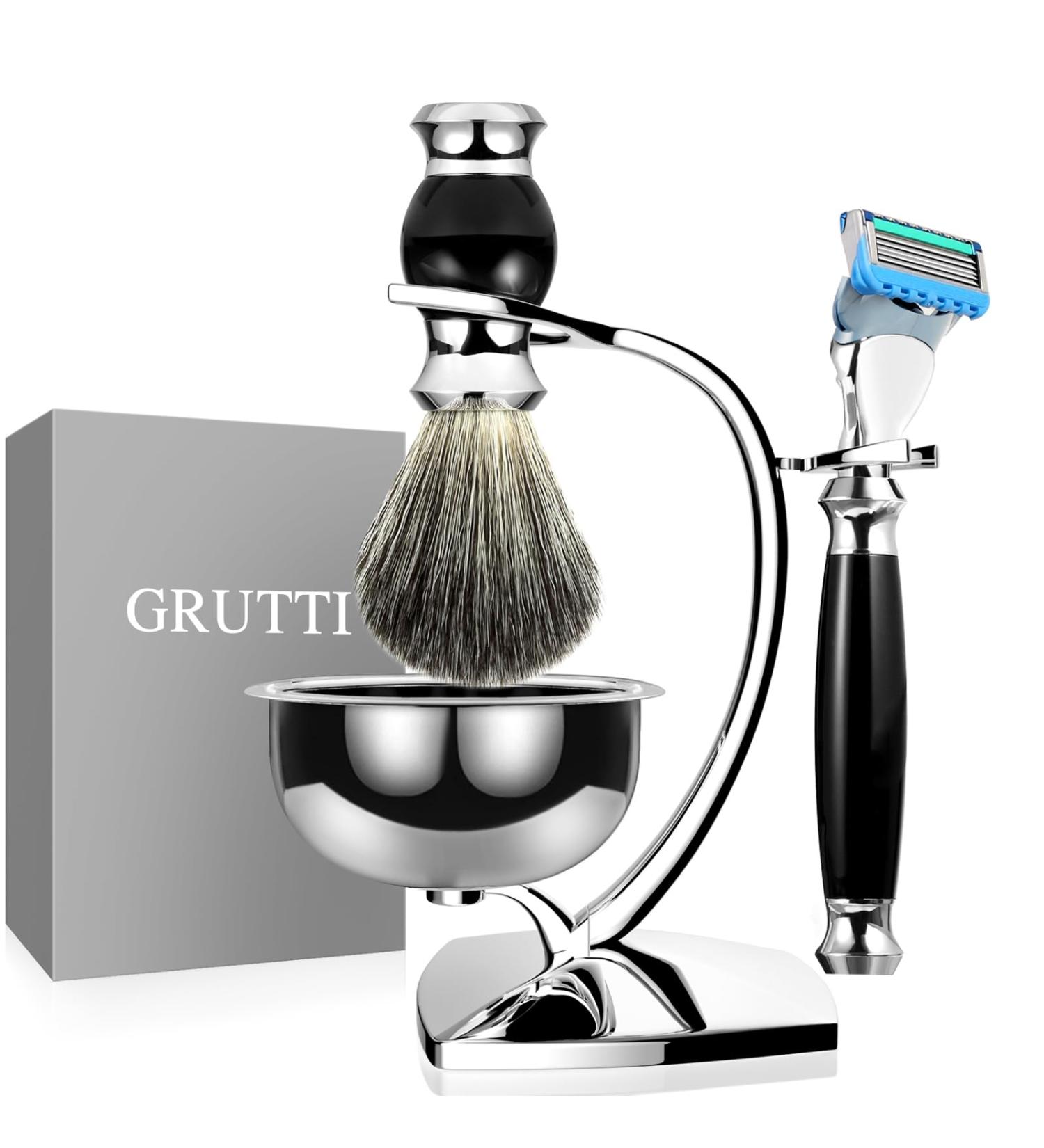 Grutti Premium Razor Brush Set - Complete Shaving Kit for Men Compatible with Fusion 5 - Gift Set with Stand Bowl & Brush - Black - Buy Online on GoSupps.com
