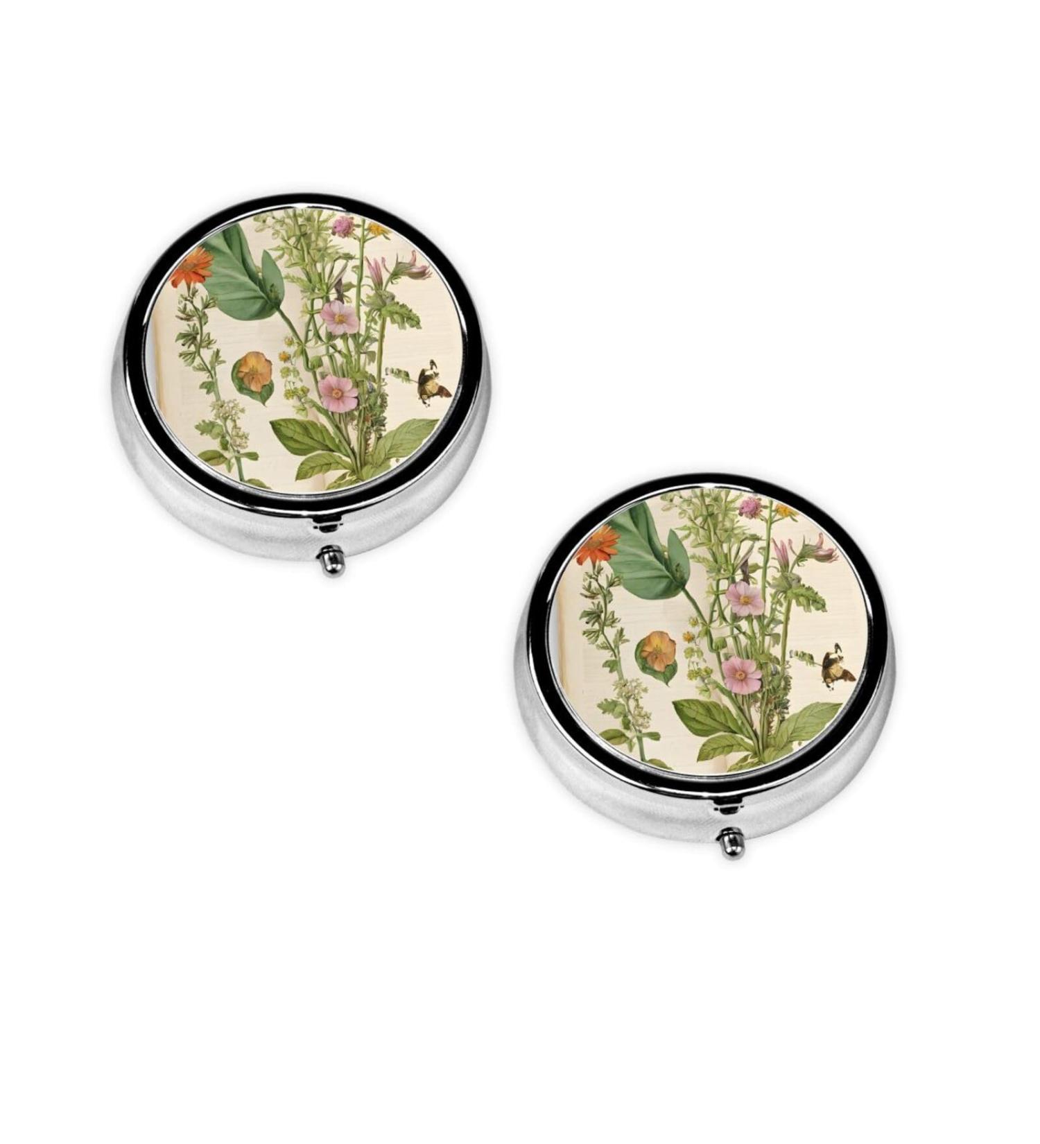 Floral in The Old Book Round Pill Box - 3 Compartment Mini Decorative Travel Medicine Organizer - Buy Online on GoSupps.com