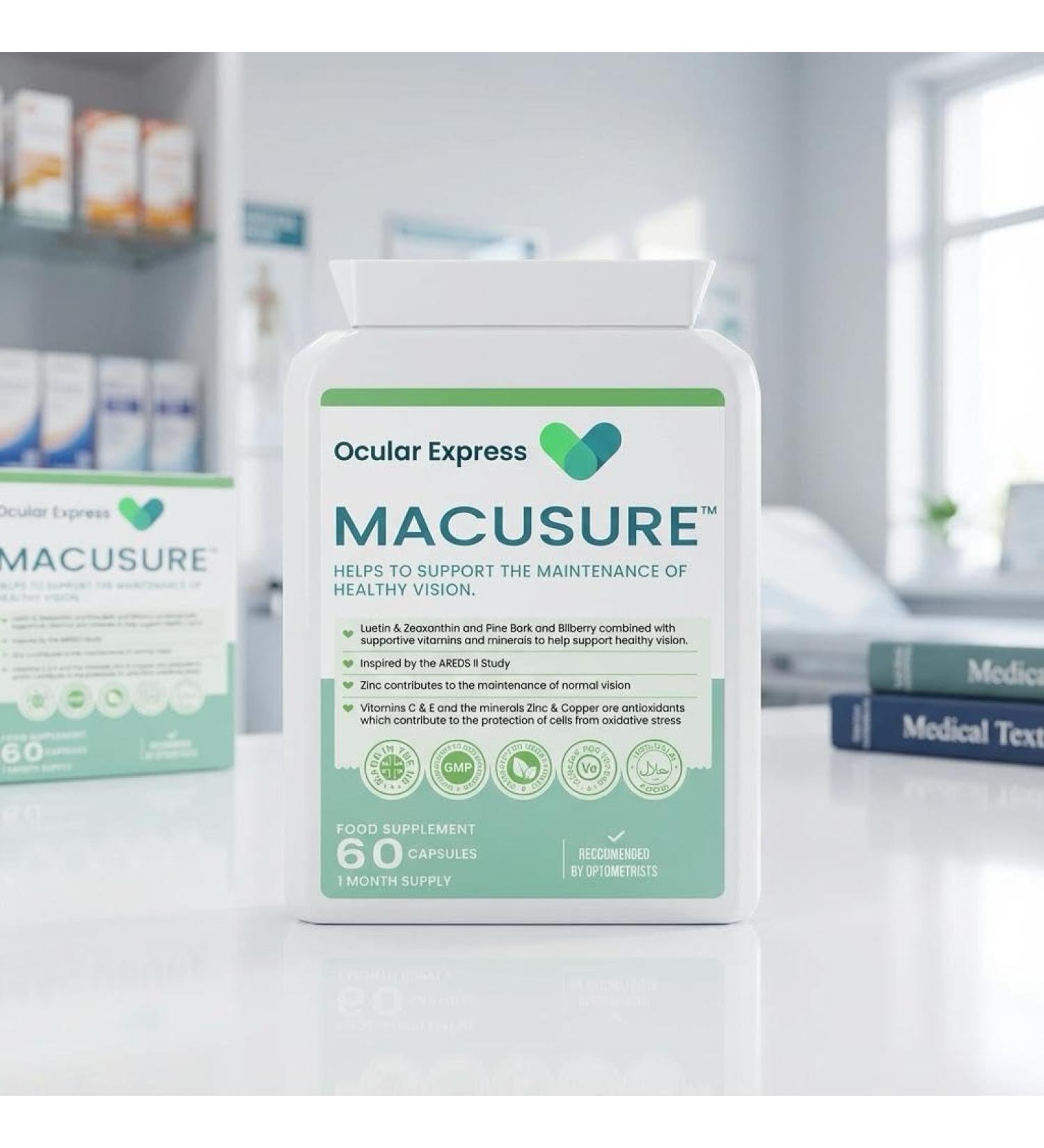 Ocular Express Macusure Vision Support Supplement 60 Capsules Lutein and Zeaxanthin with Bilberry and Pine Bark 1 Month Supply - Buy Online on GoSupps.com