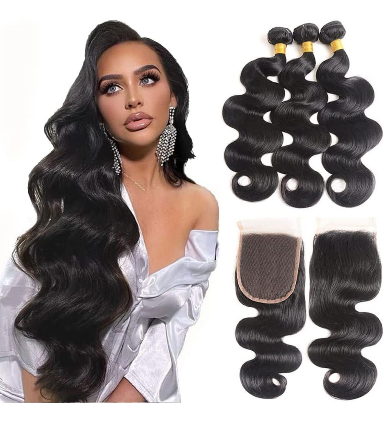 Peruvian Wet and Wavy Bundles with Closure - 100% Unprocessed Virgin Human Hair (14 16 18+12) - Body Wave Extensions with Free Part Lace Closure - Buy Online on GoSupps.com