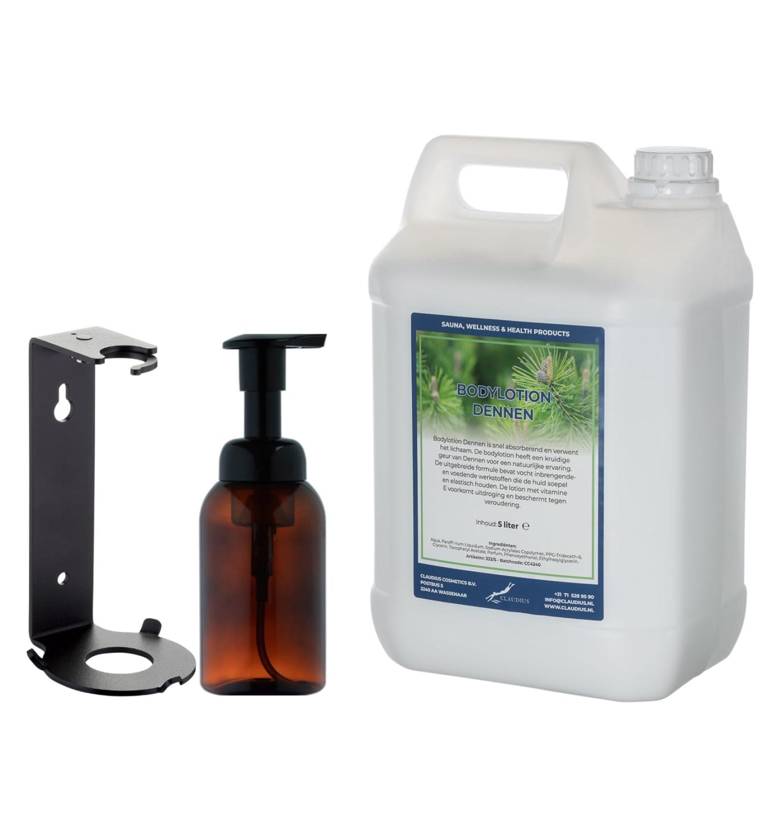 Claudius Soap dispenser 300 ml amber brown refillable + 5 liter Body Lotion Pine refill including bracket