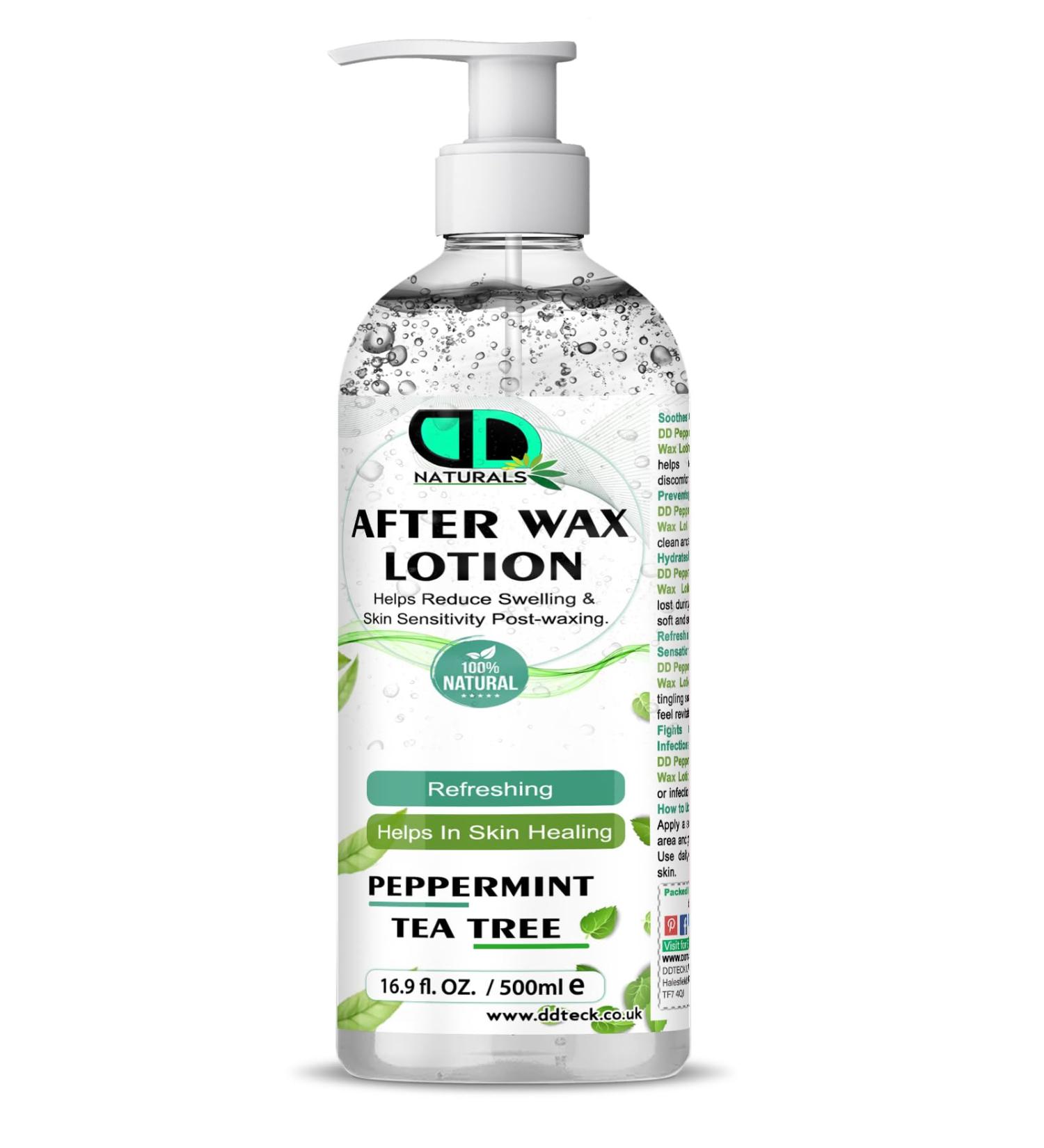 DD teck After-wax lotion with peppermint and tea tree oil Soothes and calms irritation prevents ingrown hairs and bumps fights bacteria and prevents infection for