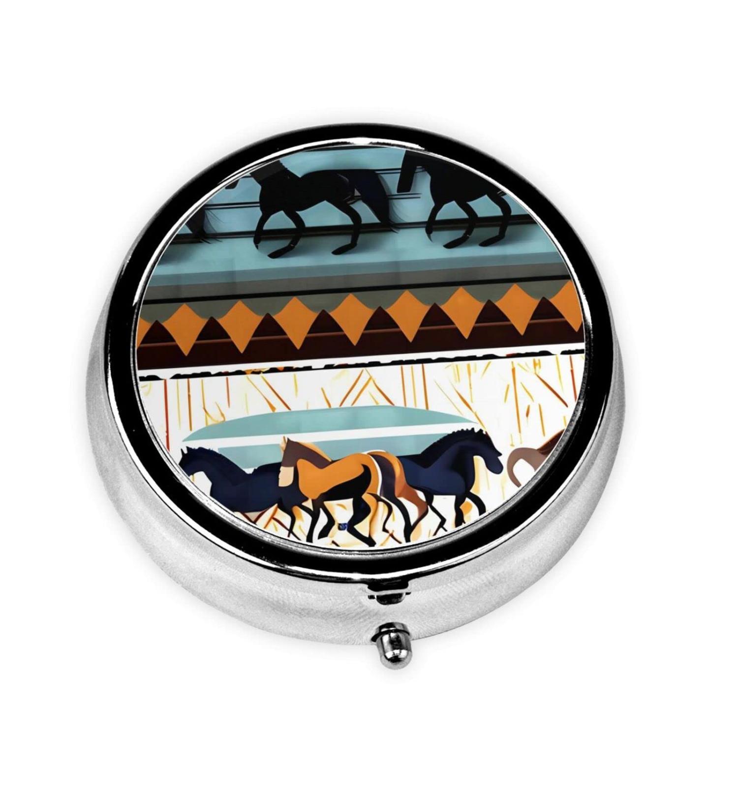 Horse Stripes Pattern Round Pill Box - 3 Compartments Portable Organizer for Purse & Pocket | Travel-Friendly Pill Box - Buy Online on GoSupps.com
