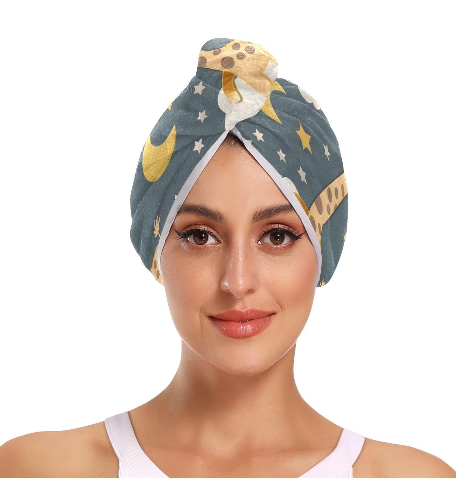 Giraffe Moons Stars Hair Towel 2 Pack - Super Absorbent Quick Dry Hair Turbans for Women & Girls | Perfect Hair Drying Solution - Buy Online on GoSupps.com