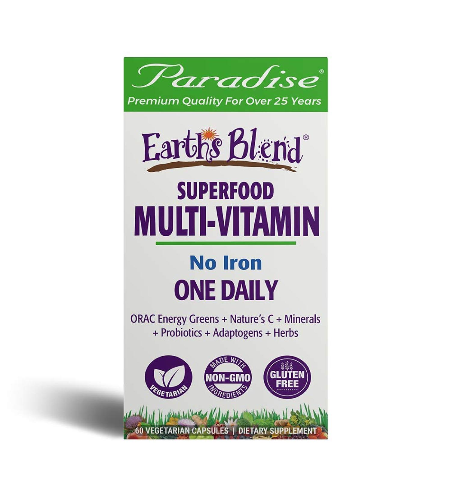 Paradise Herbs Earth's Blend One Daily Superfood Multi-Vitamin - No Iron, 60 Vegetarian Capsules - Buy Online on GoSupps.com