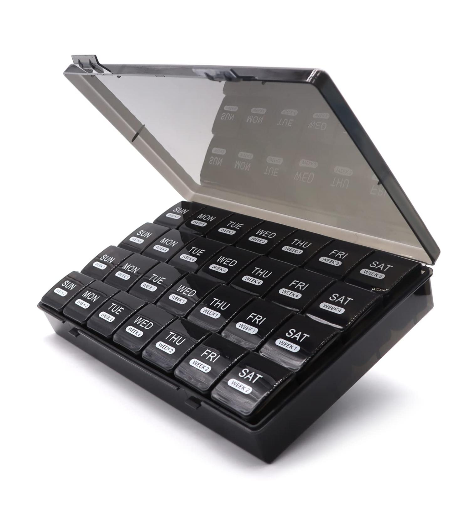 Monthly Pill Organizer - 28 Day Pill Box for Daily Medication & Travel - Black Pill Sorter & Case - Buy Online on GoSupps.com