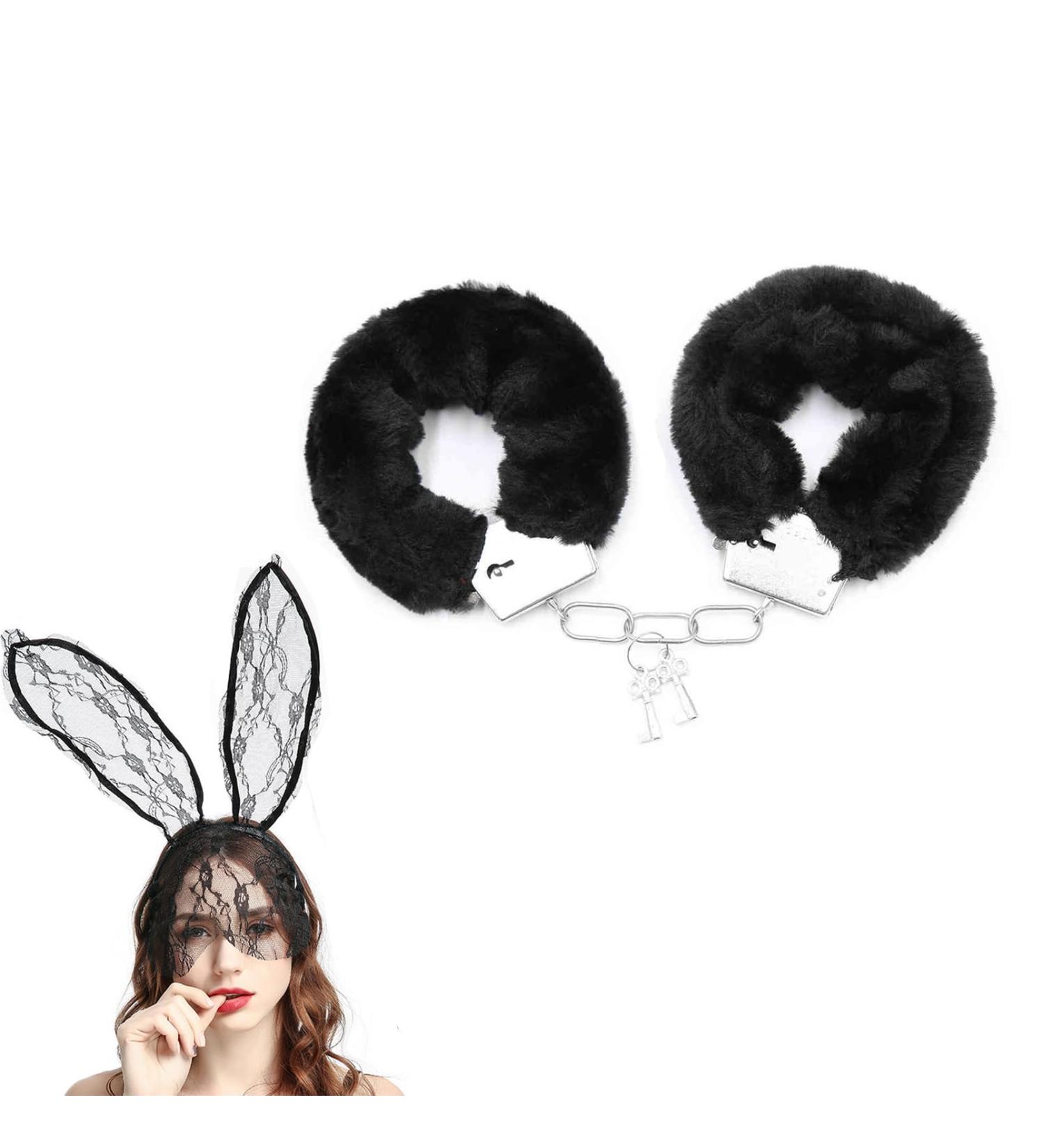 Metal Handcuffs with 2 Keys Lace Bunny Ear Headband Fluffy Handcuffs Cosplay Costume Props for Cosplay Handcuffs Prop Dress Ball Party