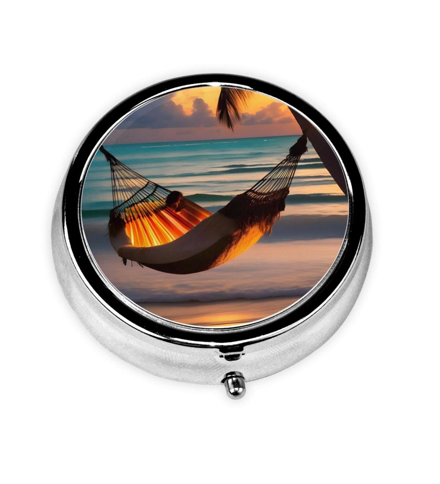 Sunset Beach Hammock Round Pill Box | 3 Compartment Portable Organizer for Travel & Purse - Buy Online on GoSupps.com