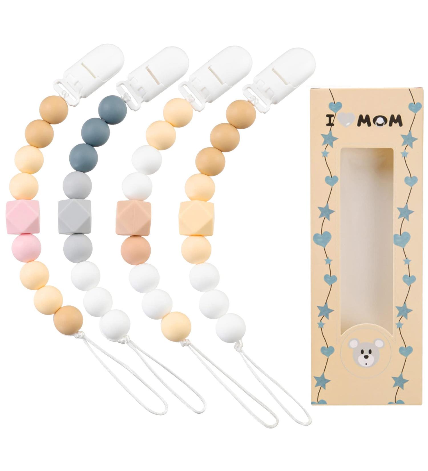 Pacifier Clip 4 Pack - Edible Grade Silicone Holder for Baby Boys and Girls - Flexible Plastic Clips - Multicolored - Perfect Birthday Gift for Sleeping Baby - Buy Online on GoSupps.com
