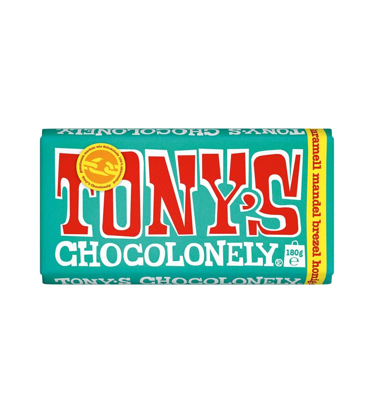 Tony's Chocolonely - Whole Milk Chocolate with Caramel Pieces Almonds Pretzel Honey Nougat and Sea Salt - 15 x 180 g - Vegetarian - Belgian Fairtrade Chocolate - Large Pack - Buy Online on GoSupps.com