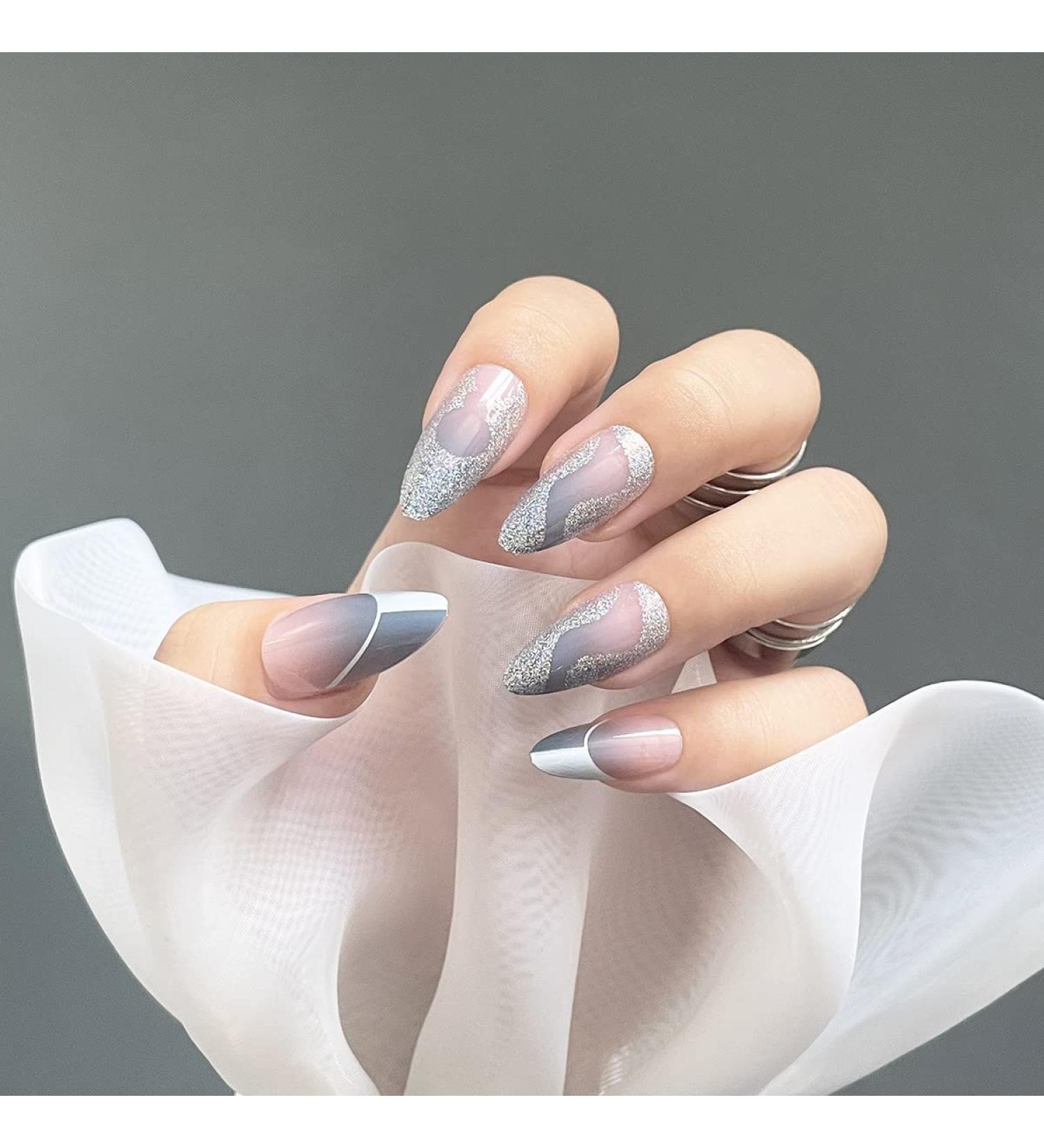 Justotry 24 Pcs Almond Glitter Silver Short False Nails Grey French Press on Nails with Nail Glue - Oval Medium Stick on Nails for Women - Buy Online on GoSupps.com