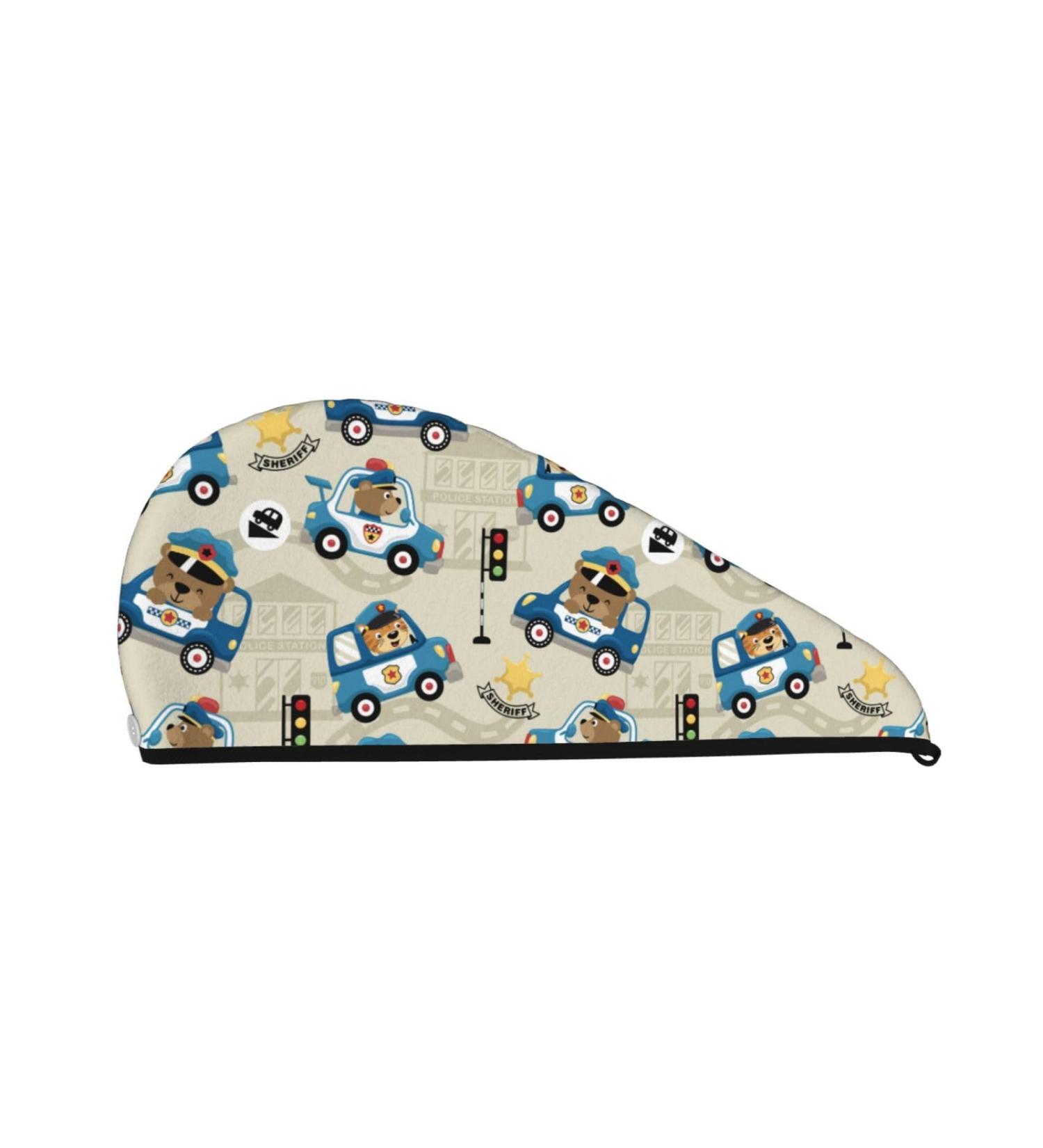 Hair Towel Wrap - Quick-Dry Towel Turban with Button | Fun Police Car Animal Design - Buy Online on GoSupps.com