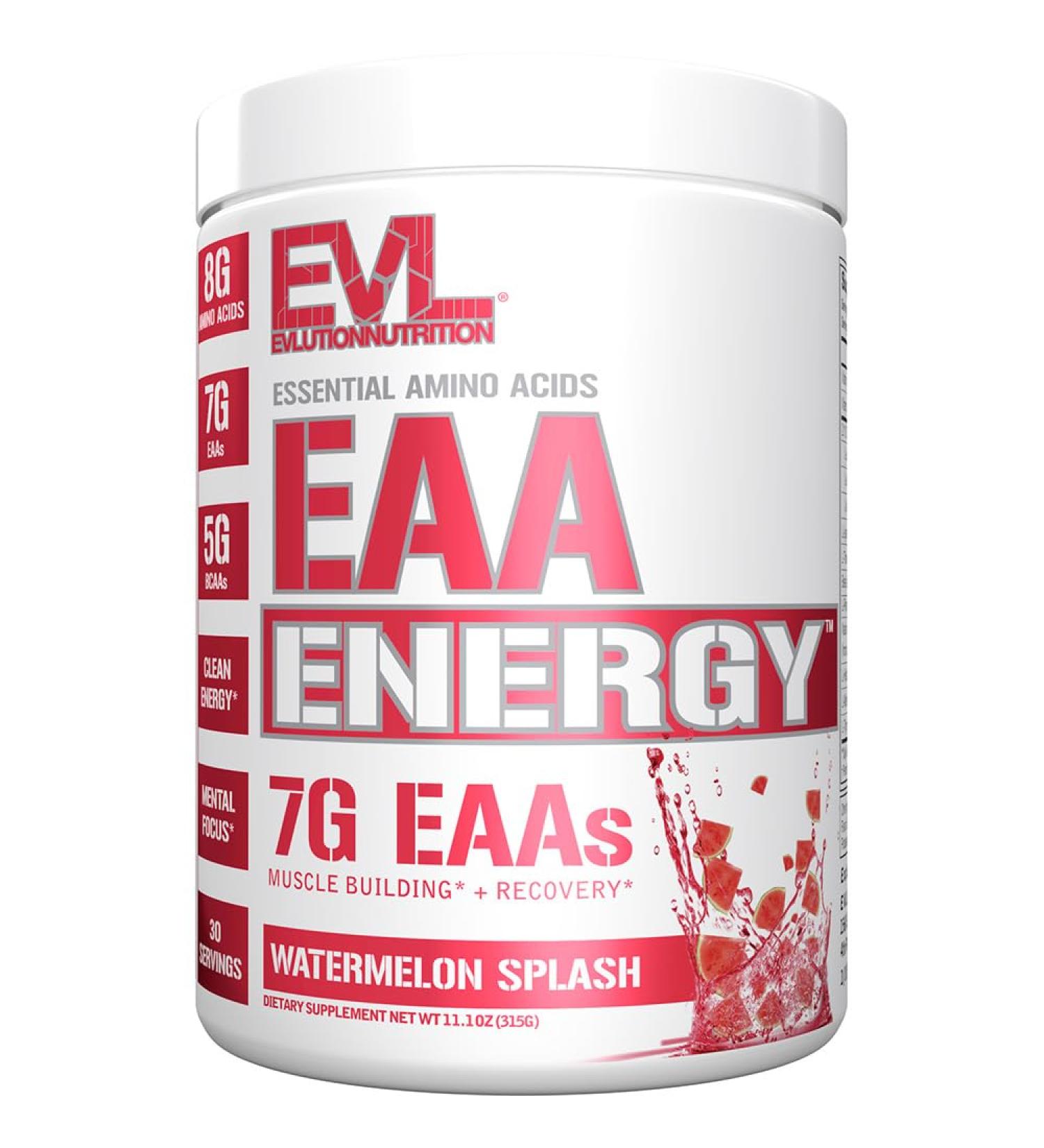 Evlution Nutrition EAA Energy - Pre & Post Workout Powder for Muscle Building & Recovery - 7g Essential Amino Acids + 5g BCAAs - Clean Caffeine Energy - 30 Servings - Watermelon Splash - Buy Online on GoSupps.com