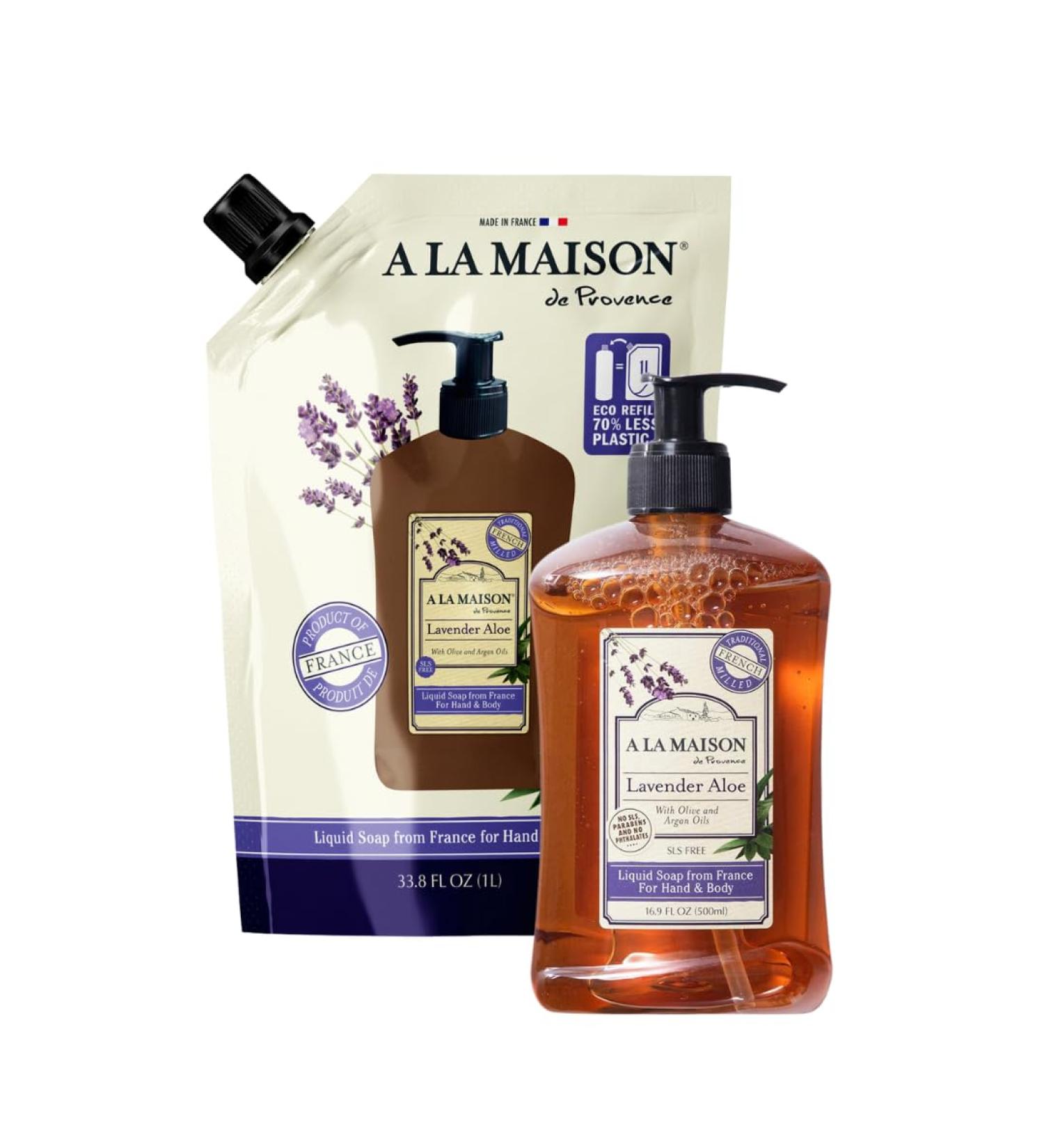 A LA MAISON Lavender Aloe Liquid Hand Soap & Eco-Friendly Refill Pouch Combo Biodegradable Natural & Paraben Free 16oz + 1L - Buy Online on GoSupps.com