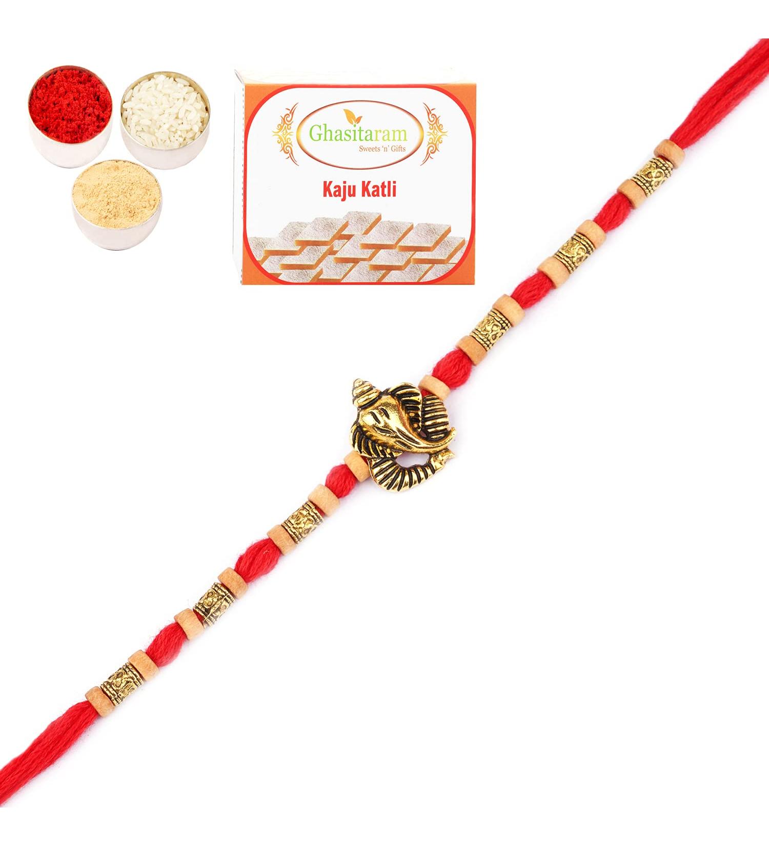 Ghasitaram Gifts Rakhi for Brother Rakhis Online- LD-9923 Ganesha Beads Rakhi with 200 GMS of Kaju katli - Buy Online on GoSupps.com