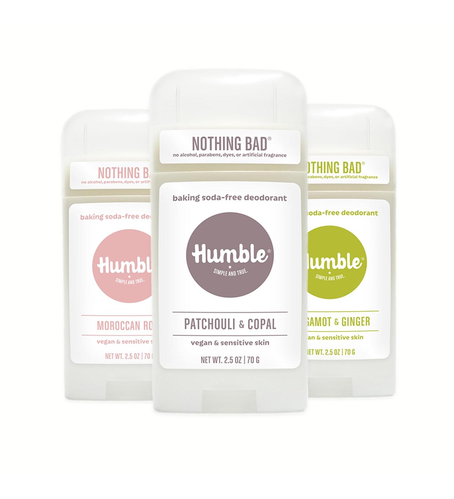 HUMBLE BRANDS Aluminum-Free Deodorant Vegan and Cruelty- free Formulated for Sensitive Skin Patchouli Copal Bergamot Ginger Moroccan Rose 2.5 Ounce (Pack of 3) Patchouli Copal Bergamot Ginger Moroccan Rose 2.5 Ounce (Pack of 3) - Buy Online on GoSupps.com