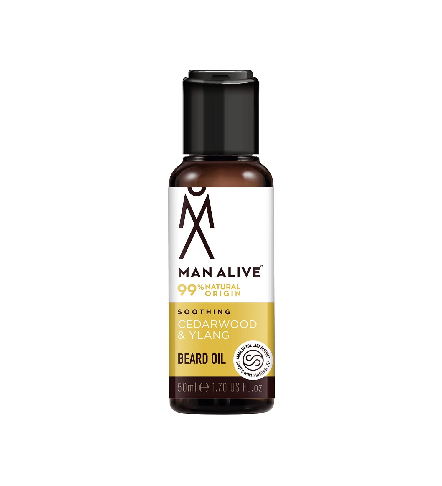 Man Alive Beard Oil - 99% Natural Skincare 50ml with Oatmeal, Argan, Jojoba, and Almond Oil | Softens Facial Hair, Men's Gift, Birthday Gift for Him (Cedarwood & Ylang) - Buy Online on GoSupps.com