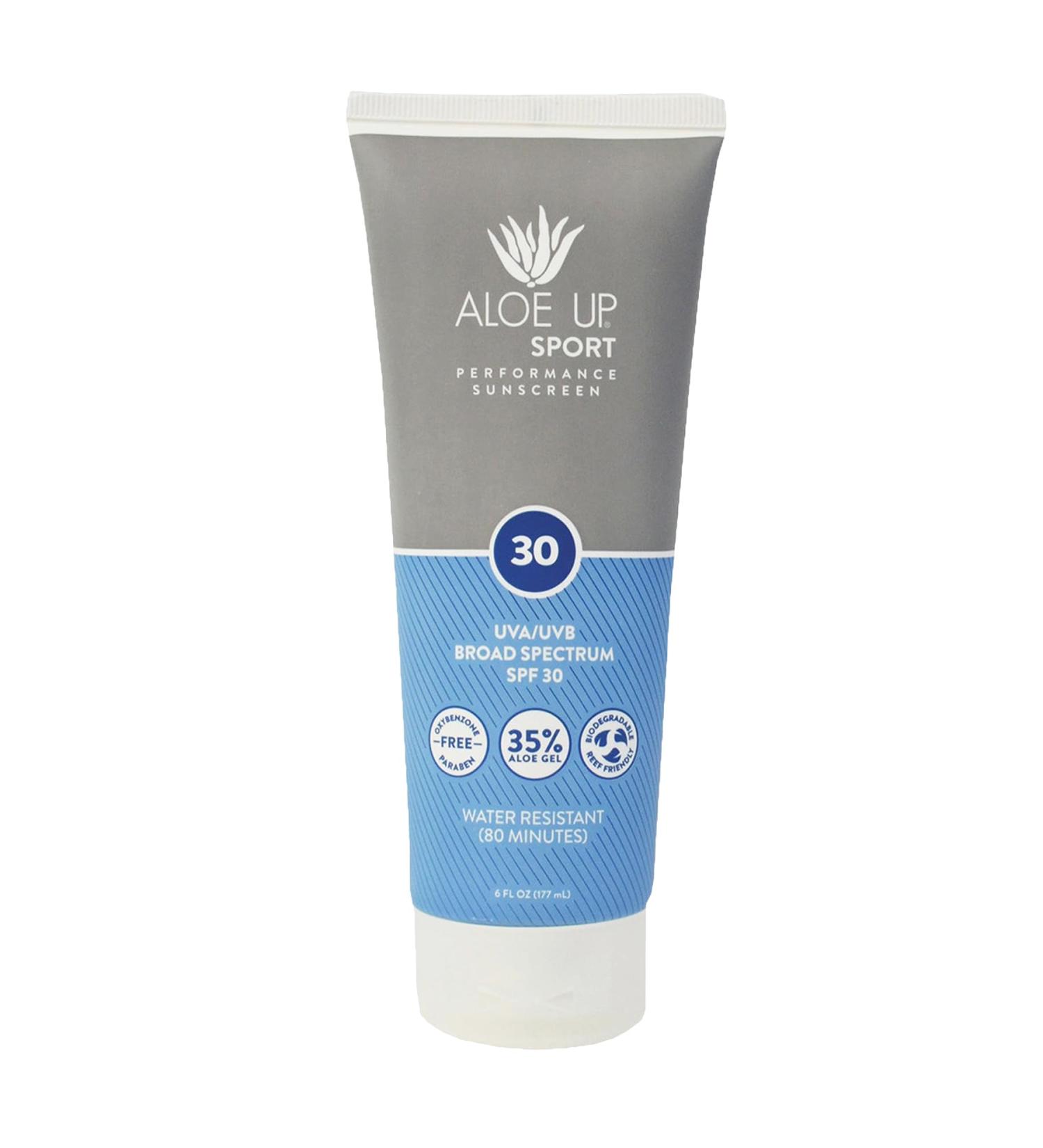Aloe Up Sport Sunscreen Lotion SPF 30 - Broad Spectrum UVA/UVB Sunscreen Protector for Face and Body - With Hydrating Aloe Vera Gel - Non-Greasy No White Cast Reef Safe Fragrance-Free - 6 Oz. - Buy Online on GoSupps.com
