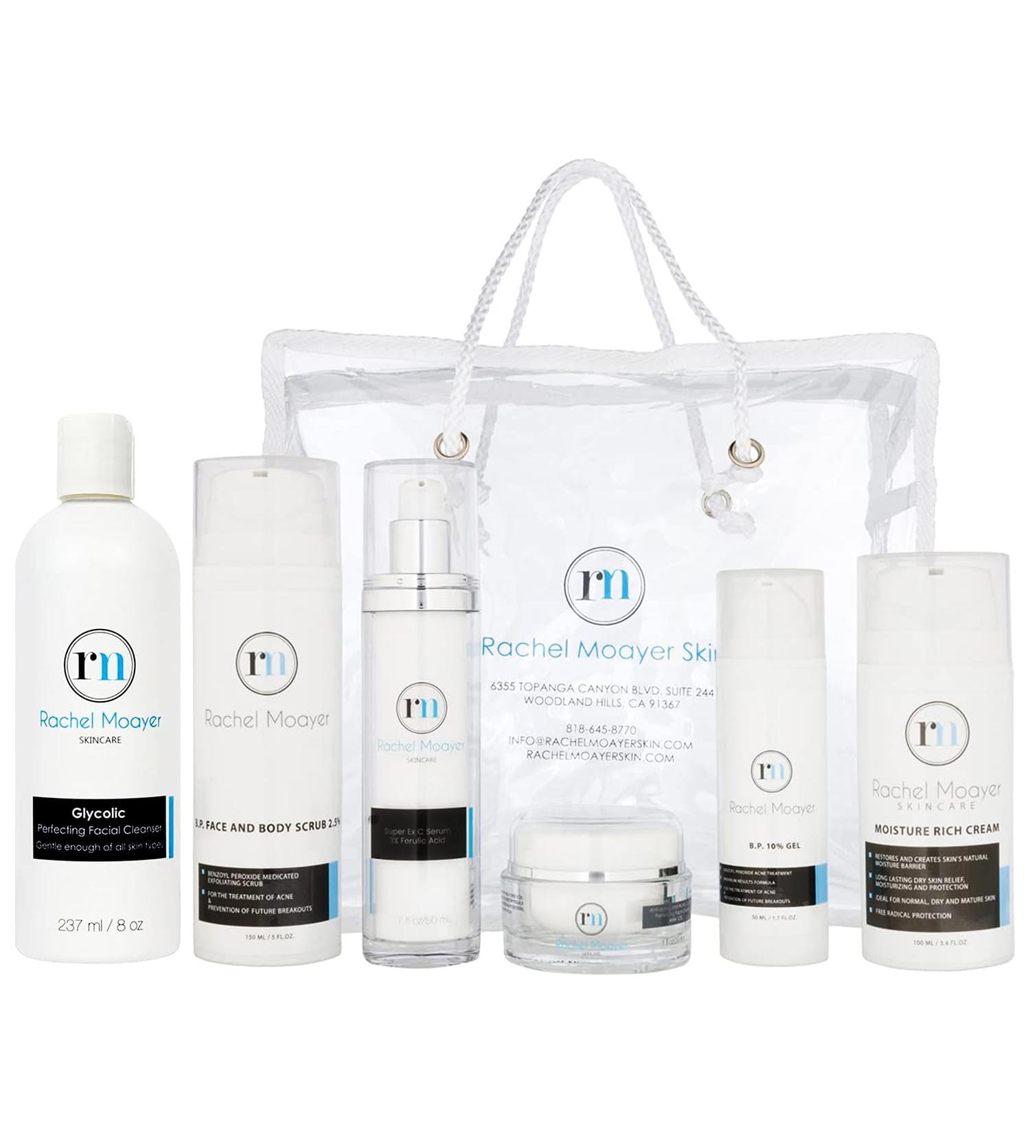Rachel Moayer Perfecting Skincare Kit for Normal to Dry Skin Featuring Cleanser 2.5% Benzoyl Peroxide Scrub Vitamin C Serum 12% Face Cream 10% Acne Care Gel Recovery Acne Care & Anti Aging Set - Buy Online on GoSupps.com