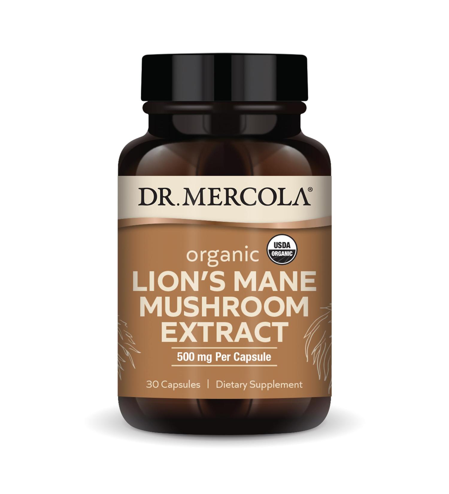 Dr. Mercola Organic Lion's Mane Mushroom Extract, 30 Capsules 500 mg Organic Lion's Mane, Non-GMO, Gluten Free, Soy Free