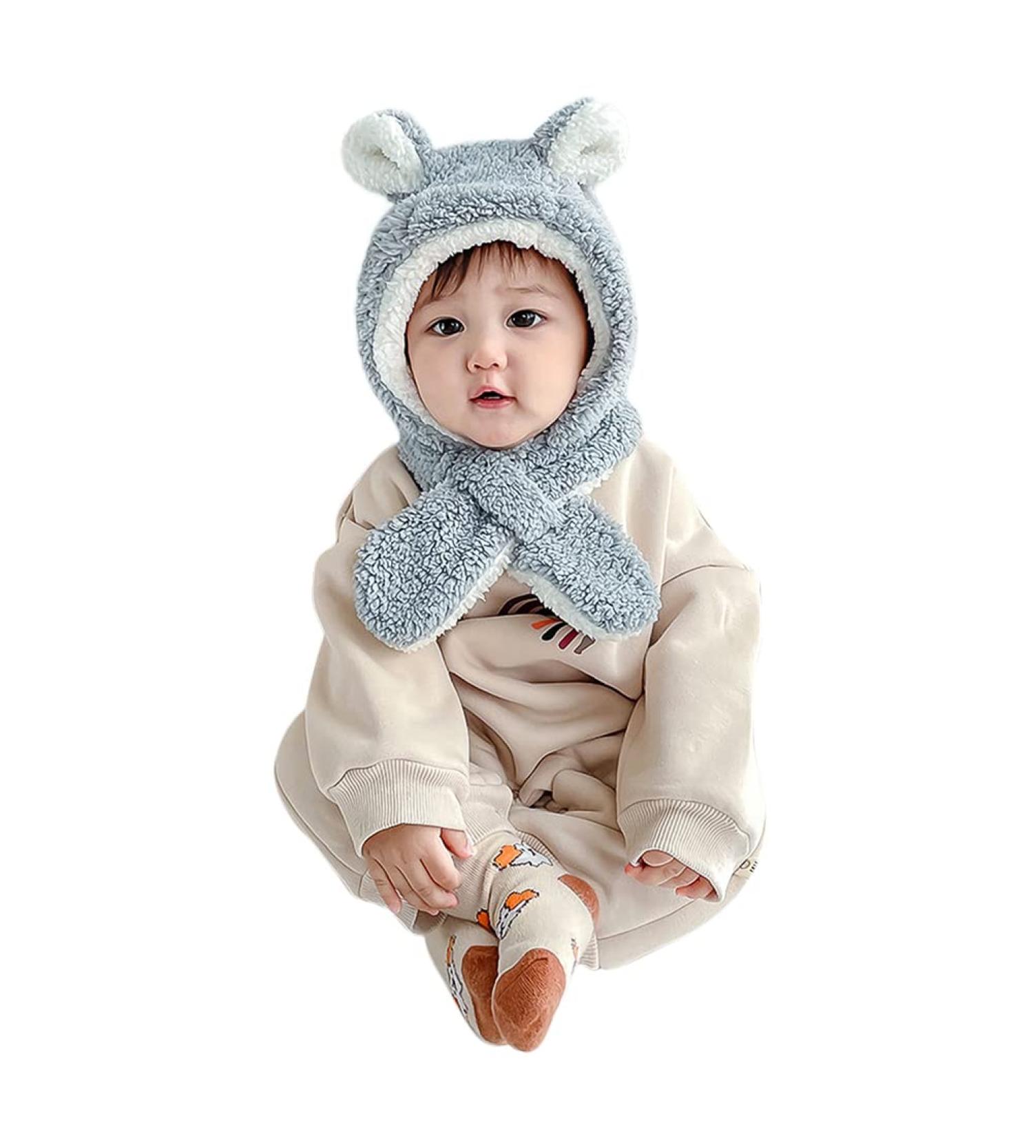 Kids 2 in 1 Winter Hat Scarf Set | Fleece Lined Earflap Balaclava Hoodie Scarf | Boys Girls Thermal Neck Warmer | Grey, 6M-4Y - Buy Online on GoSupps.com