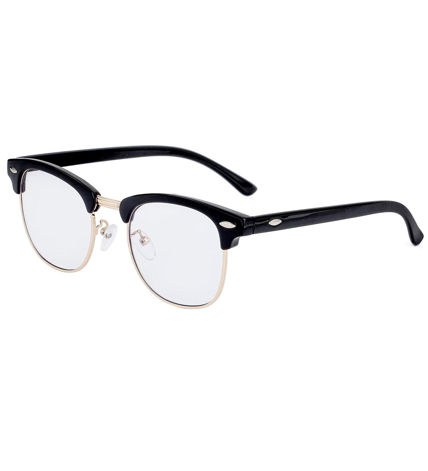 Kursan Blue Light Blocking Glasses for Women & Men | Semi-Rimless Fake Nerd Eyeglasses - Bright Black Gold 52mm - Buy Online on GoSupps.com