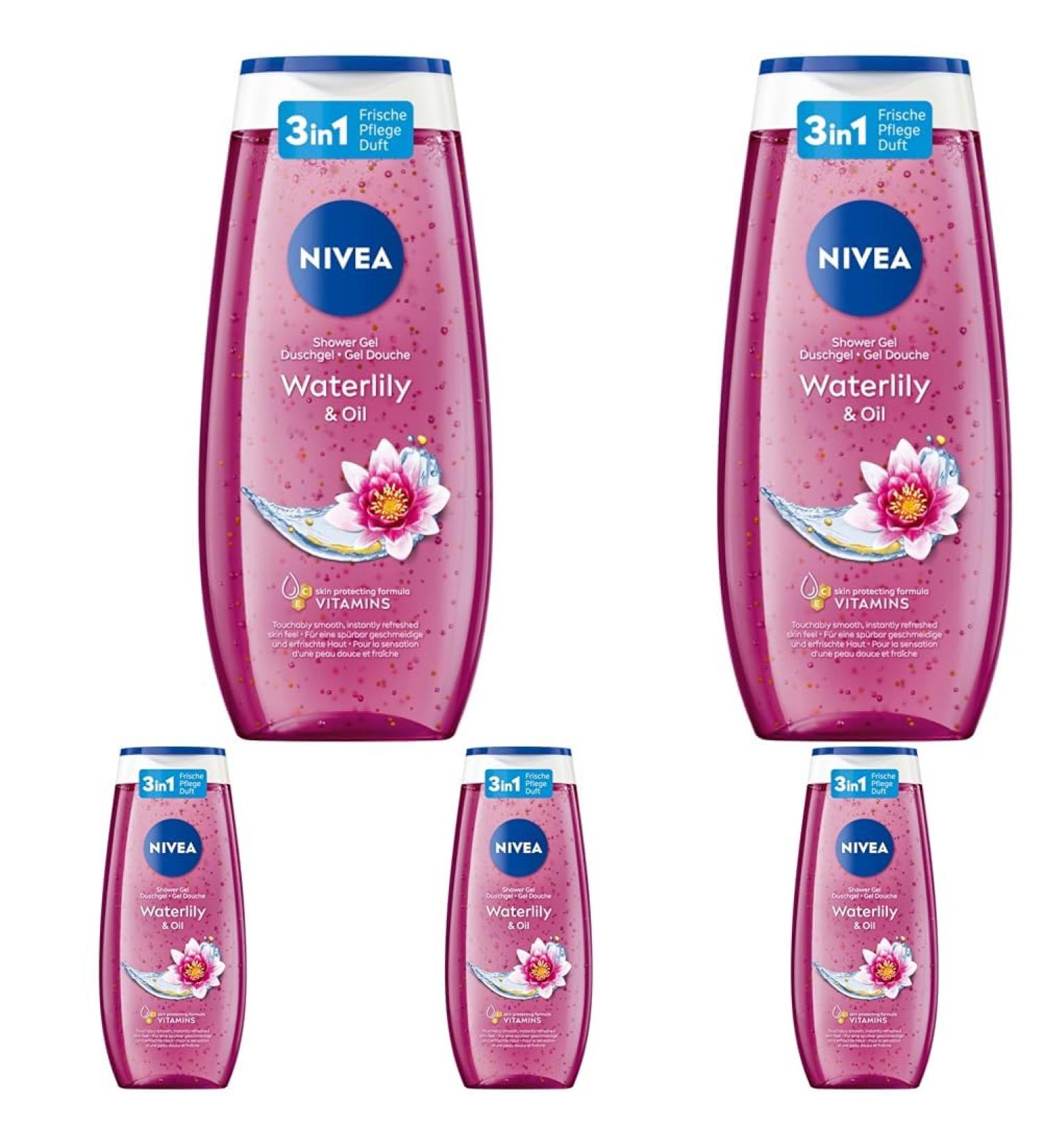 Nivea Waterlily & Oil Duschgel (250 ml) pH -skin -neutral care shower with fresh fragrance by water lily pampering shower with nourishing oil beads (pack with 5) 250 ml (5 Pack) Waterlily & Oil - New version