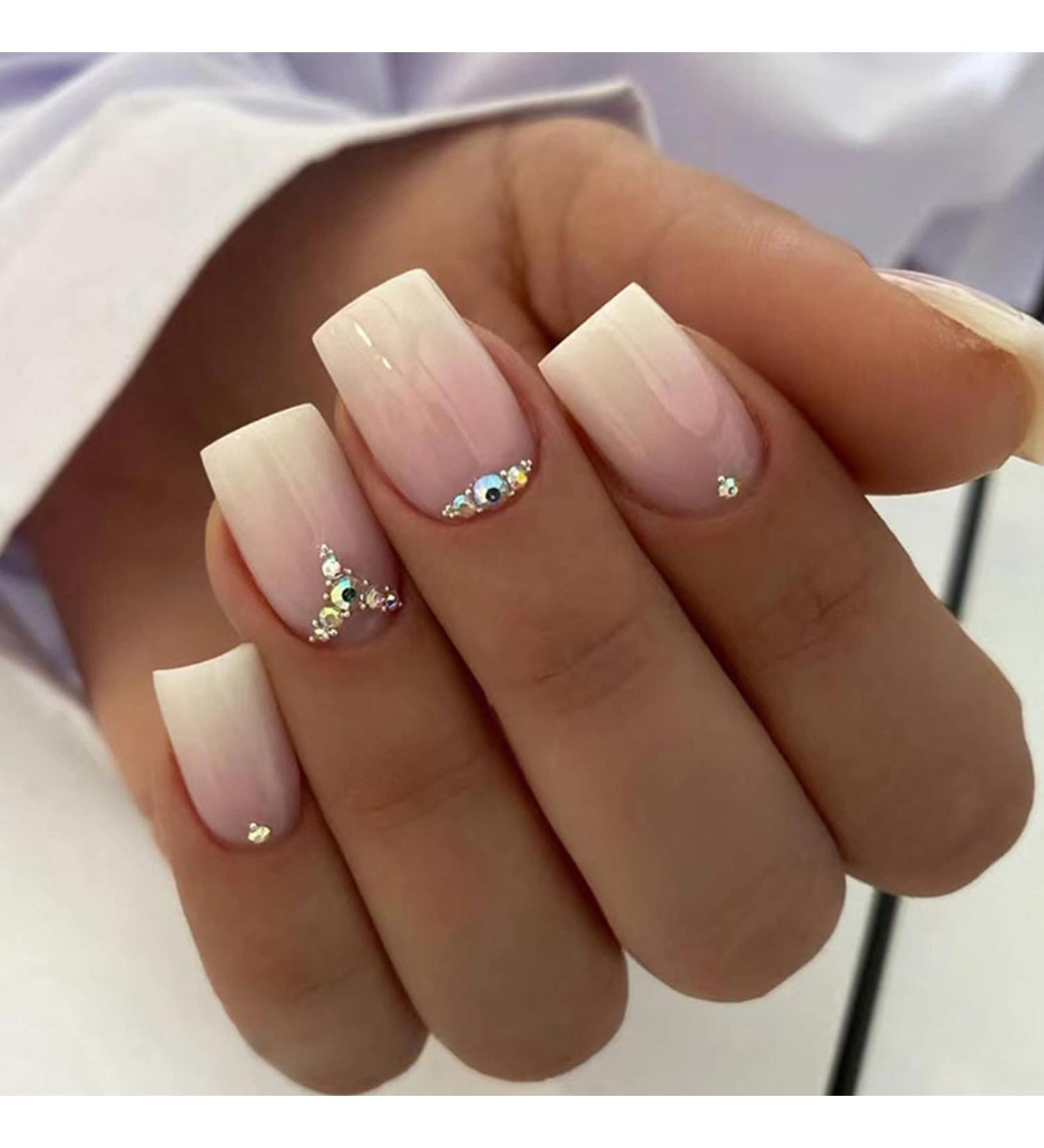 24PCS French False Nails Set - Short Square Nude White Glitter Press on Nails with Glue Stickers - Women's Nail Art Accessories - Buy Online on GoSupps.com