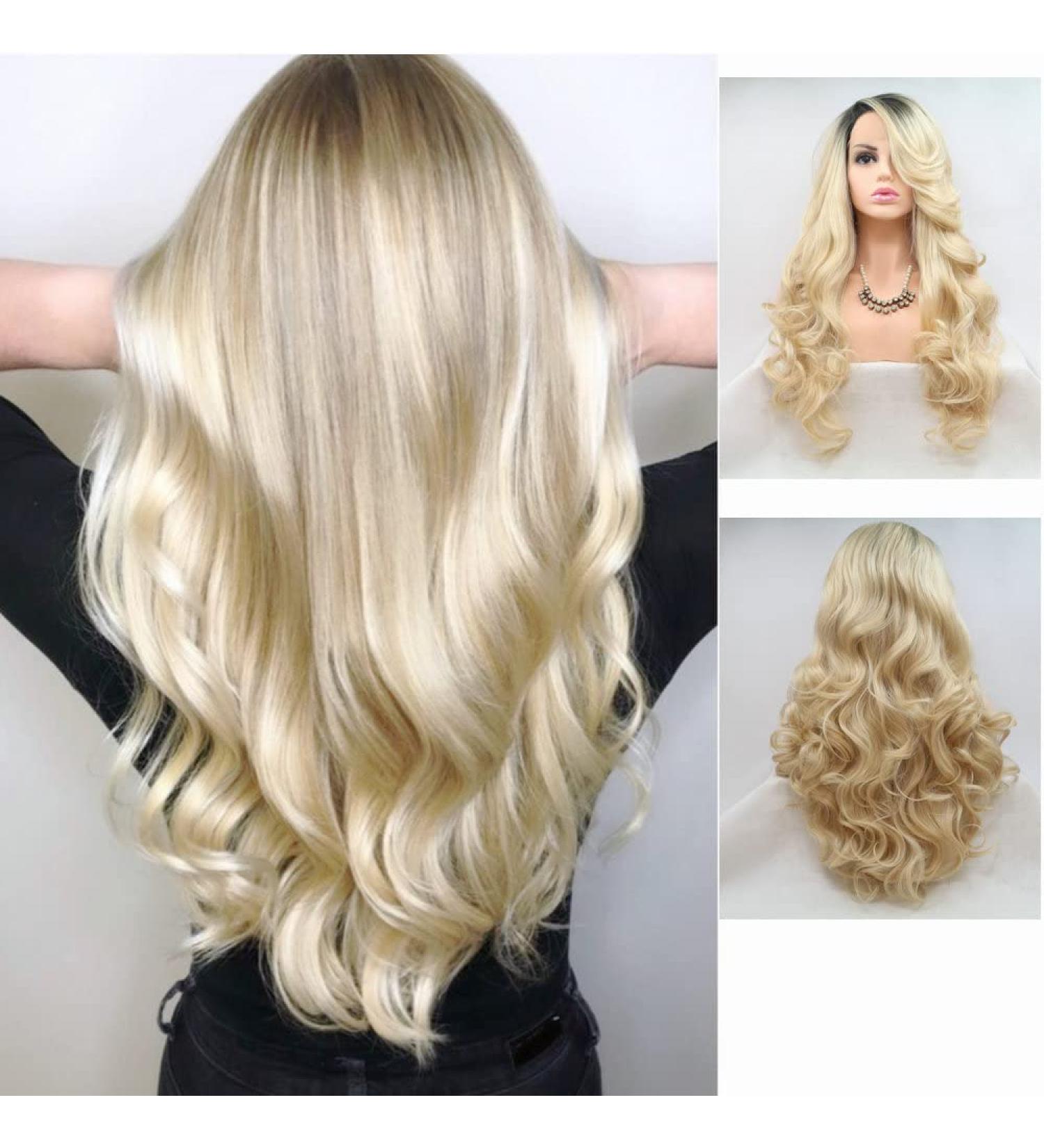 Blonde Ombre Lace Front Wig with Dark Roots - Long 66cm Corrugated Synthetic Hair | 180% Density for Cosplay Festivals Weddings | Ideal for Women & Girls - Buy Online on GoSupps.com